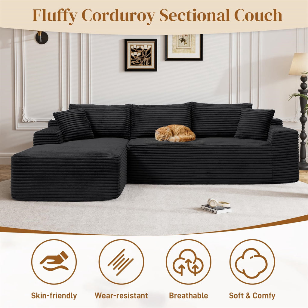 Aukfa 95 Cloud Sectional Sofa Deep Seat Boneless Couch Modular L-Shaped Couch, Left Chaise Corduroy Sofa for Living Room, Black