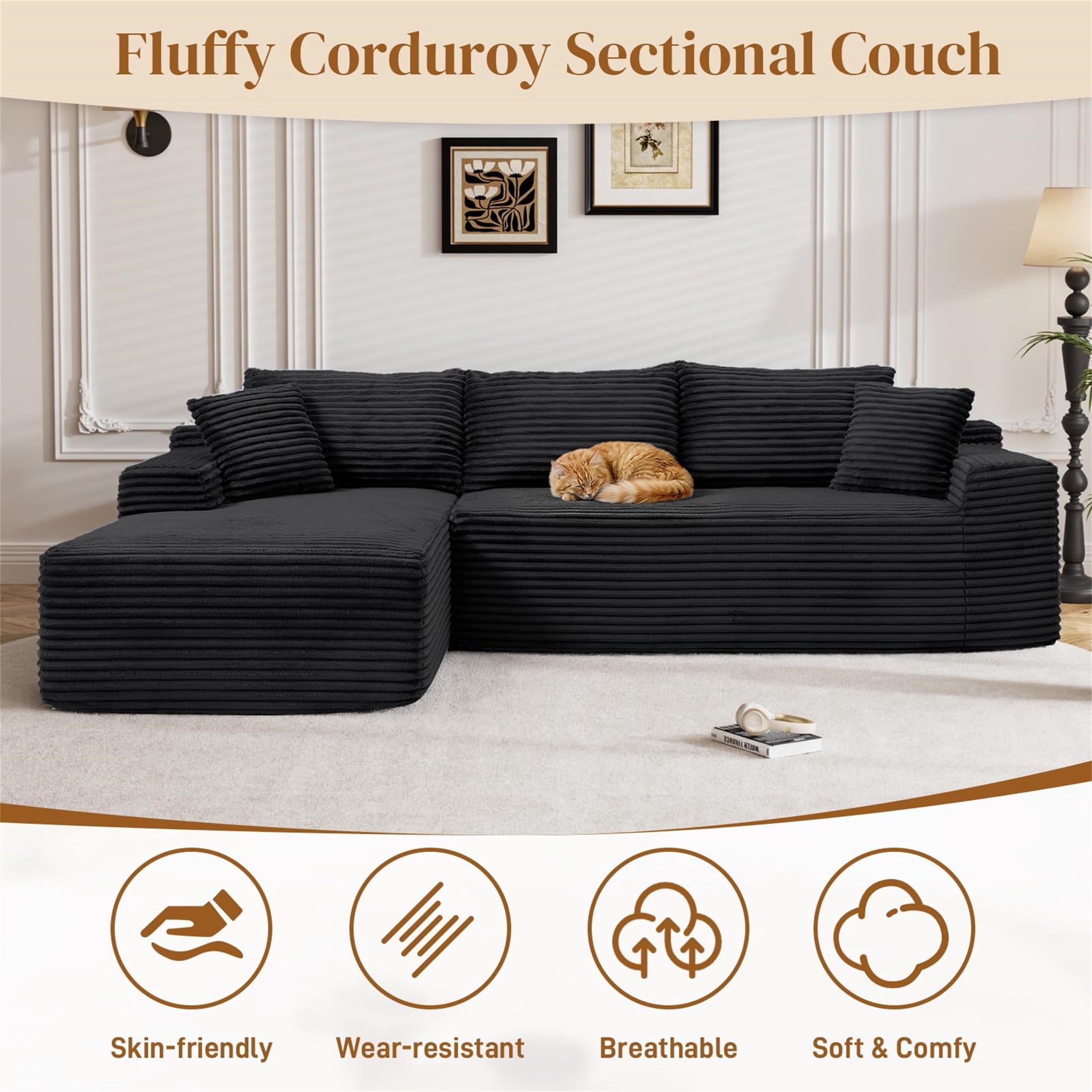 Aukfa 95 Cloud Sectional Sofa Deep Seat Boneless Couch Modular L-Shaped Couch, Left Chaise Corduroy Sofa for Living Room, Black