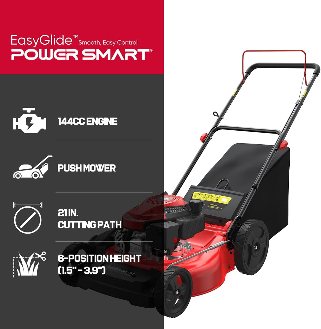 PowerSmart 21 144cc Gas Push Lawn Mower , with 6-Position Height Adjustment