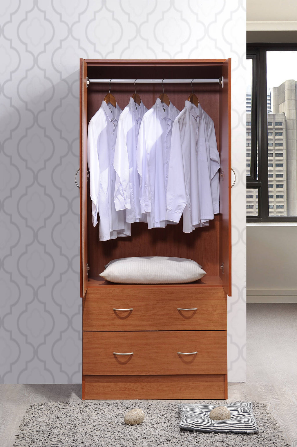 Hodedah 2-Door Armoire with 2-Drawers and Clothing Rod in Black