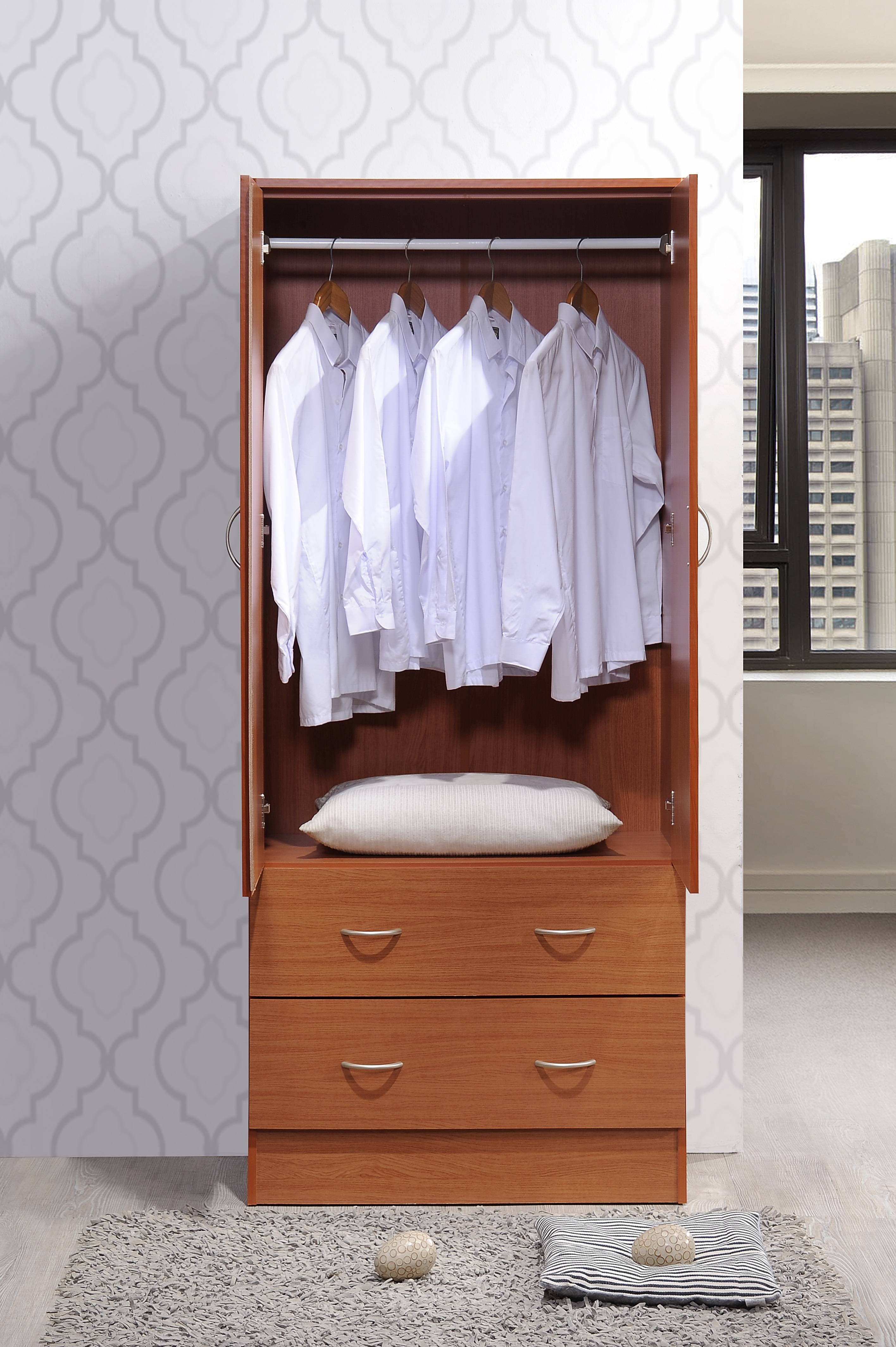 Hodedah 2-Door Armoire with 2-Drawers and Clothing Rod in Black