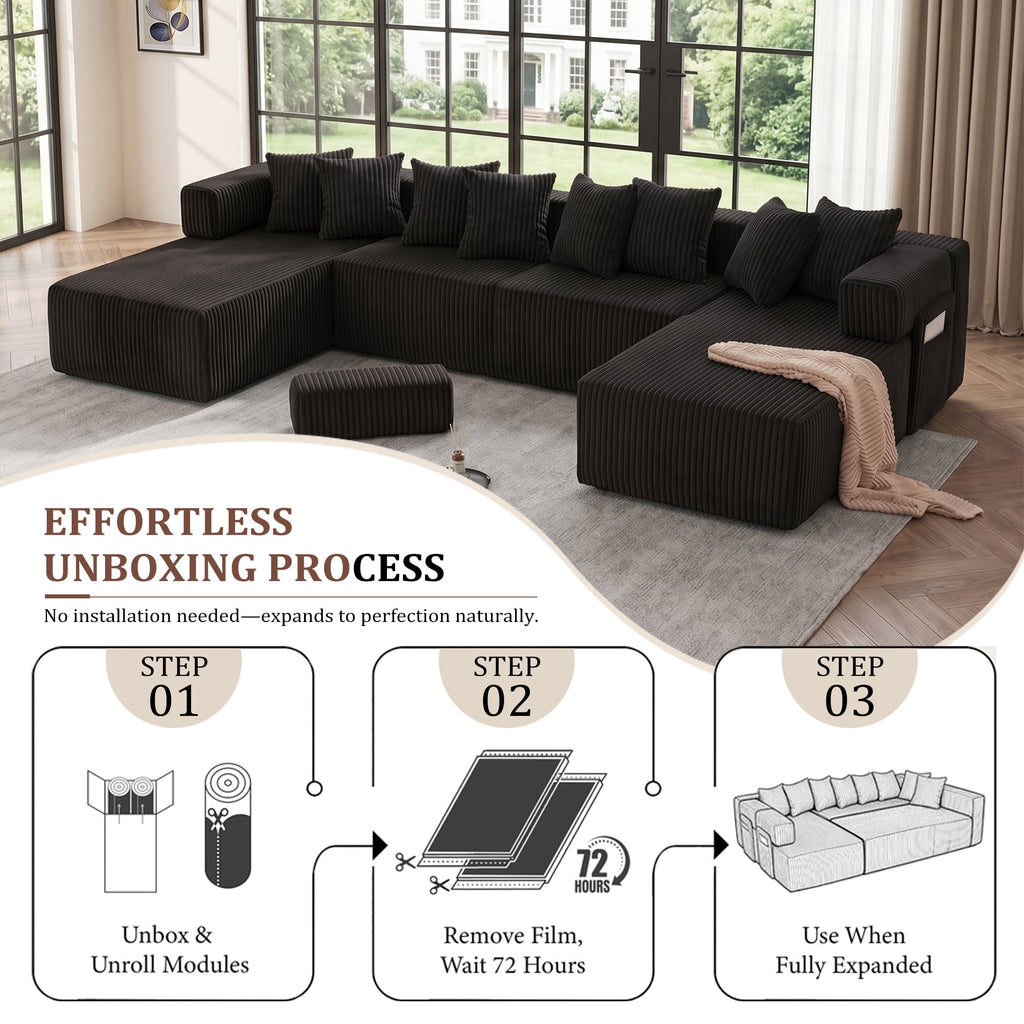 SOULART 138.5 U Shaped Sectional Couch,Gray Cloud Boneless Sofa For Living Room,Plush Corduroy Couches With Deep Seat Chaise Lounge,No Assembly Required
