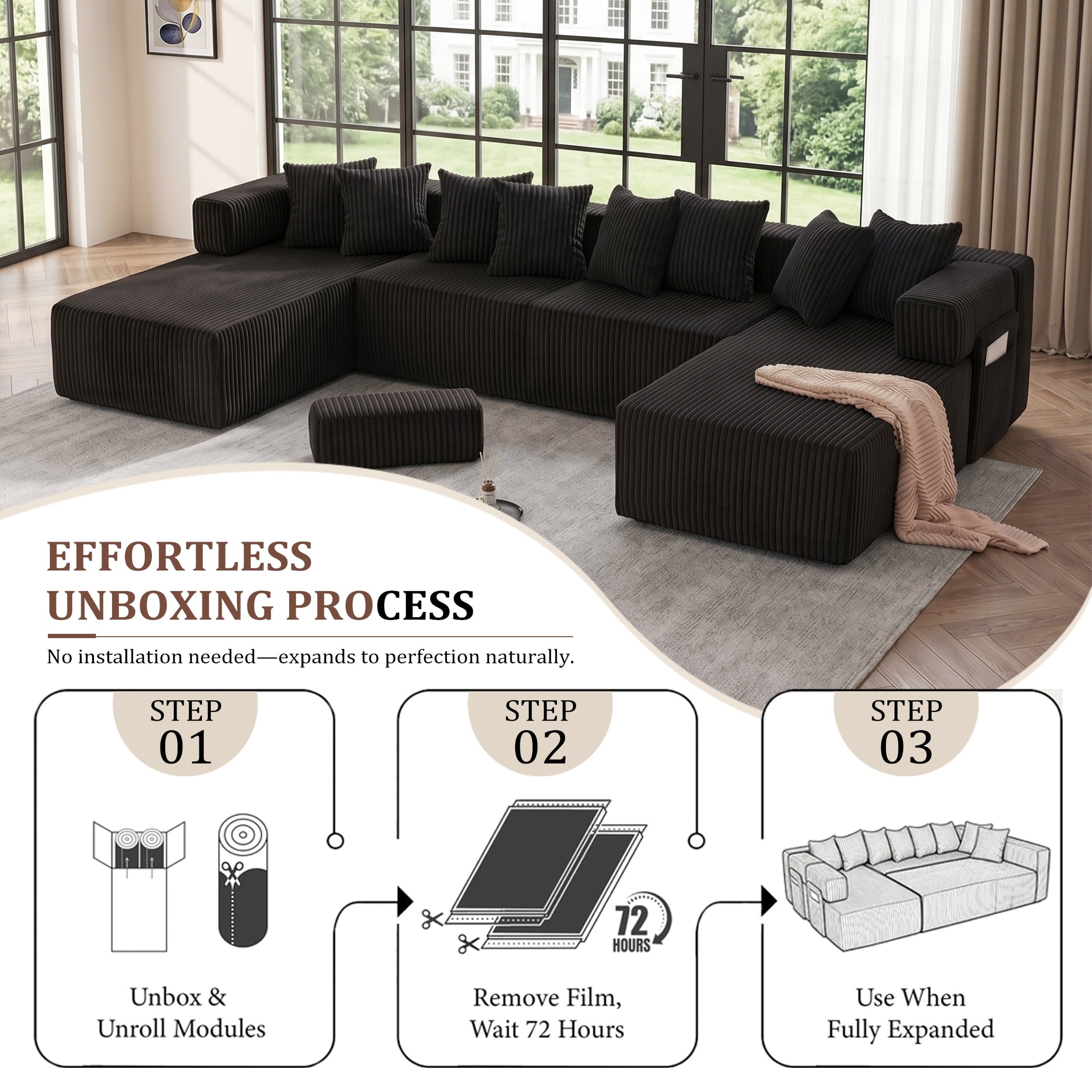 SOULART 138.5 U Shaped Sectional Couch,Gray Cloud Boneless Sofa For Living Room,Plush Corduroy Couches With Deep Seat Chaise Lounge,No Assembly Required