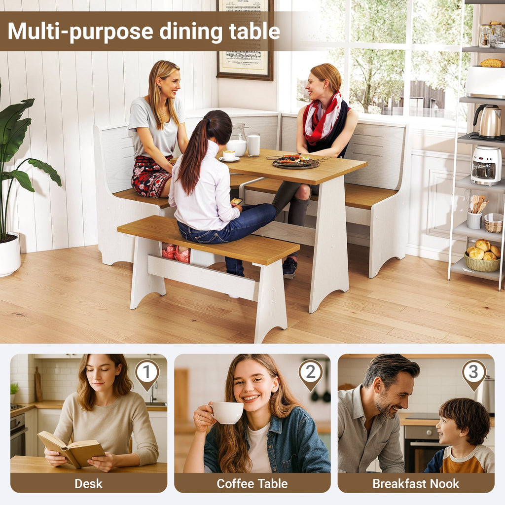 Breakfast Nook Kitchen Corner Dining Table Bench Chair Set, Space-Saving 3-4 Seat L-Shape Farmhouse Mid Century Modern Style for Family Home Black Wood