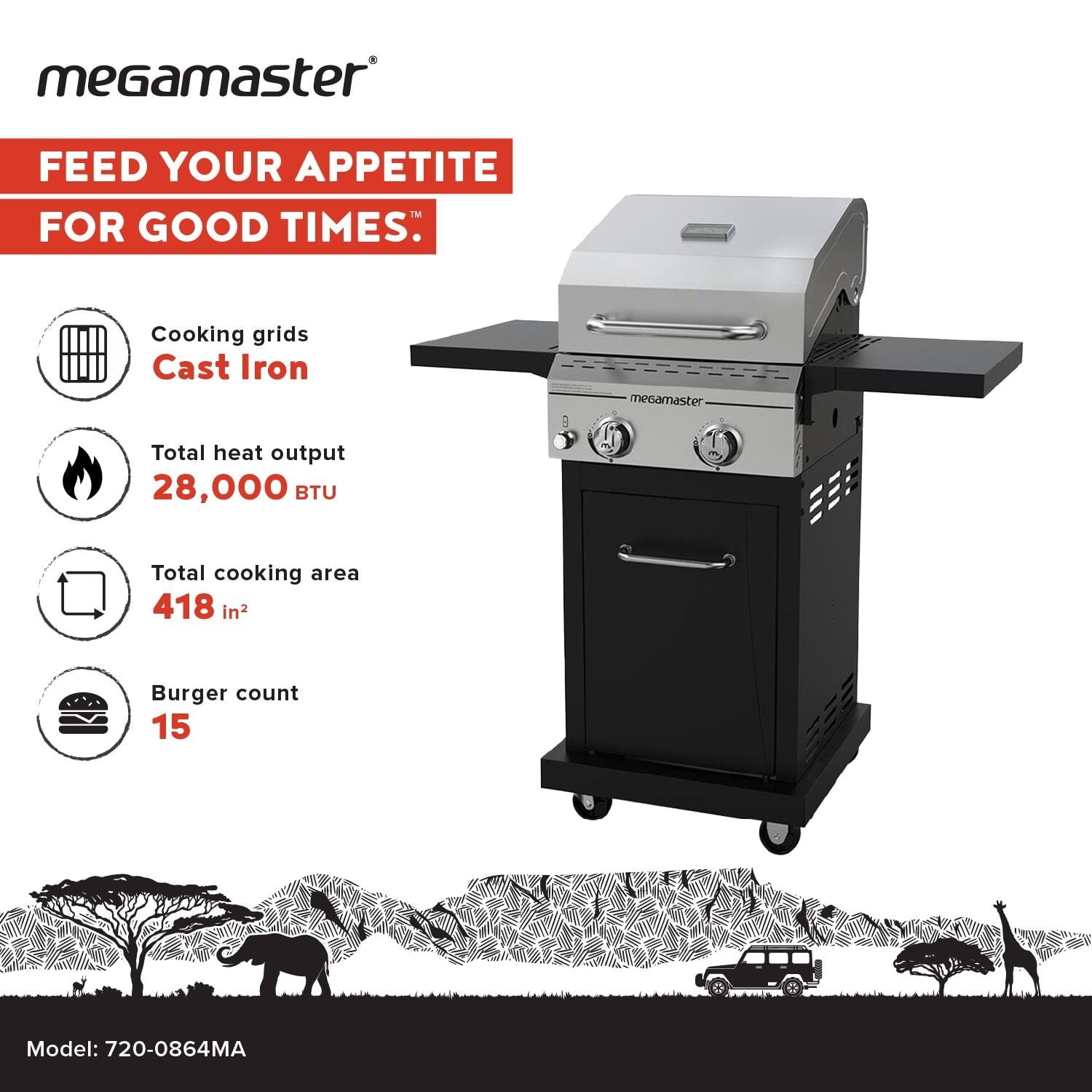 Megamaster Deluxe 2-Burner Gas Grill with Foldable Side Tables, 418 SQ In Cooking Space, 28000 BTUs, Stainless Steel Lid, Propane BBQ Grill for Outdoor Cooking, Patios, Backyards and More -720-0864MA