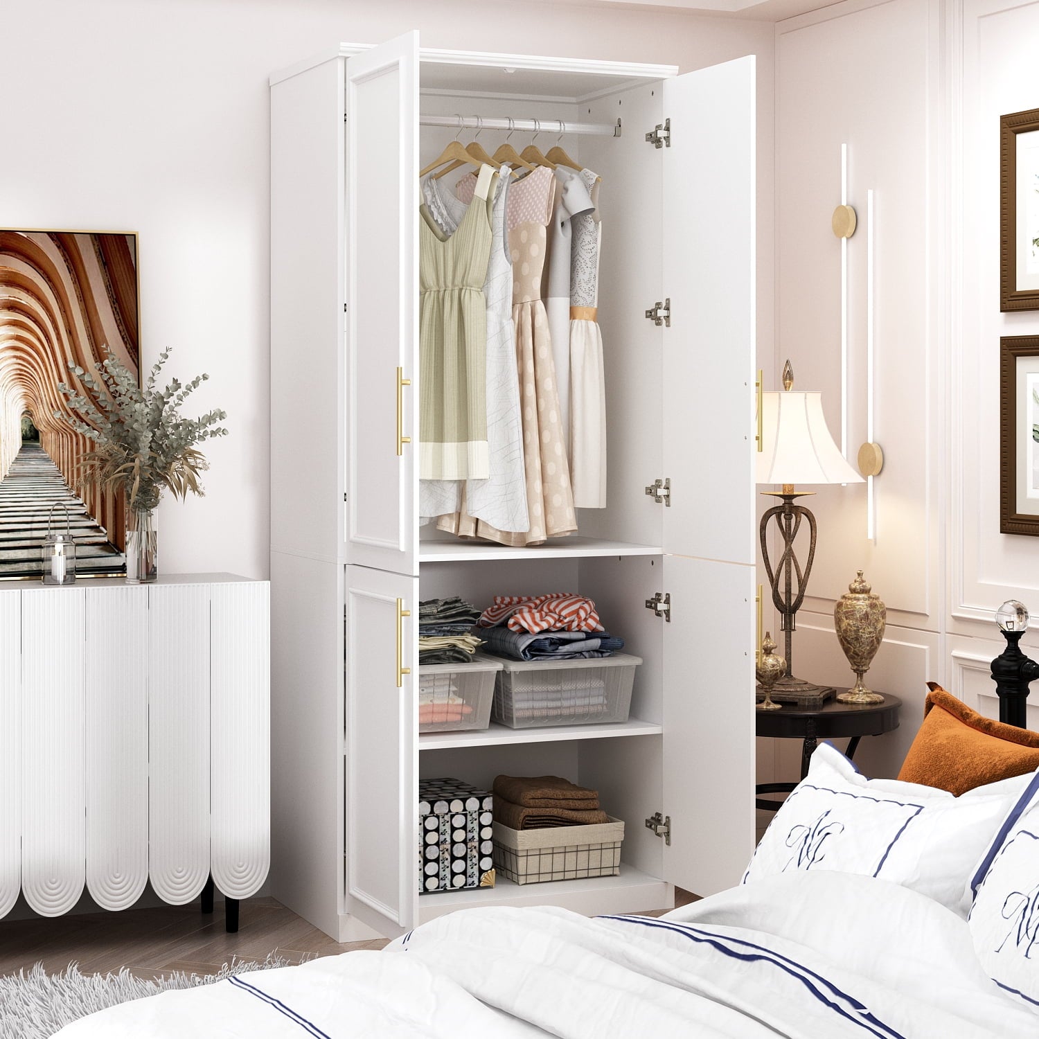OxyLife 2 Door Wardrobe Armoire, White Closet Storage Organizer with Drawers and Shelves
