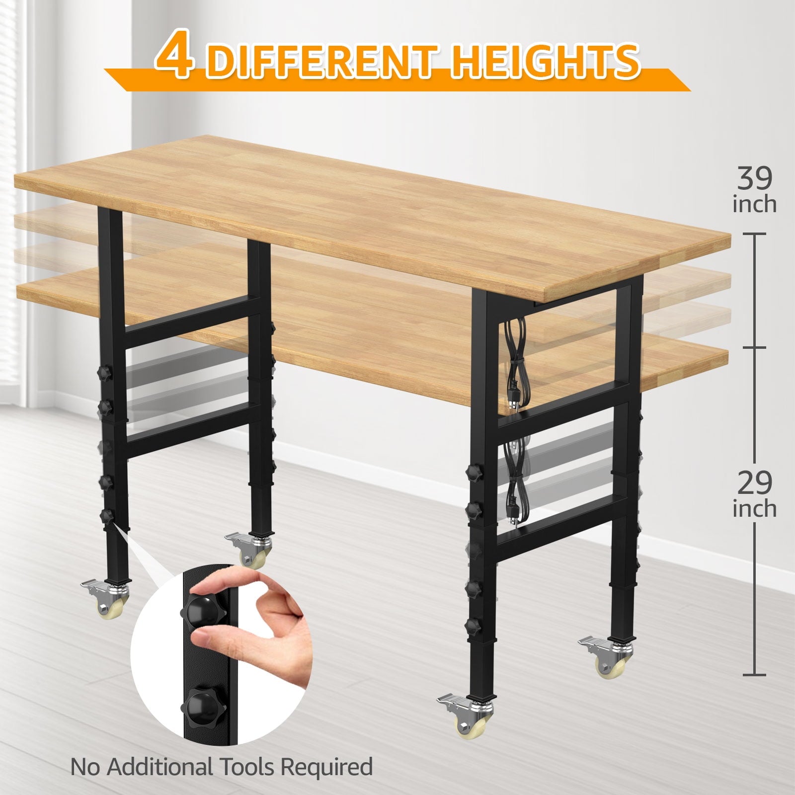 60 Adjustable Workbench,Heavy-Duty Work Table,3000 LBS Load Capacity Hardwood Workstation Outlets with Power strips and Wheels,for Workshop, Garage