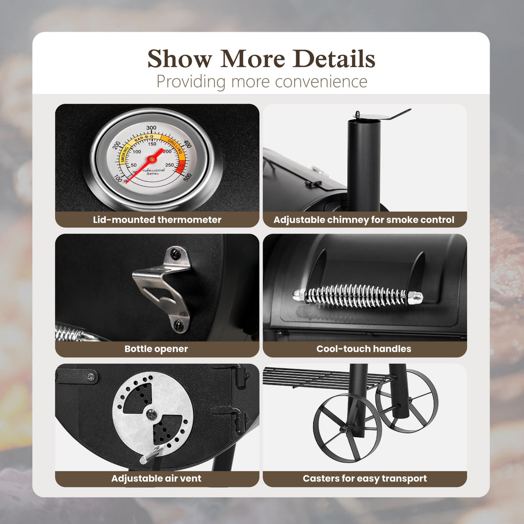 Alpha Joy Steel BBQ Charcoal Grill with Offset Smoker in Black