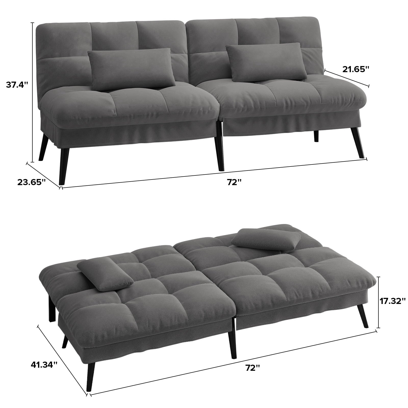 CloudRest Pro 72 Modern Convertible Futon Sofa Bed, Upholstered Futon Couch with 5 Adjustable Backrest Angles,Suitable for Apartment,Living Room,Black