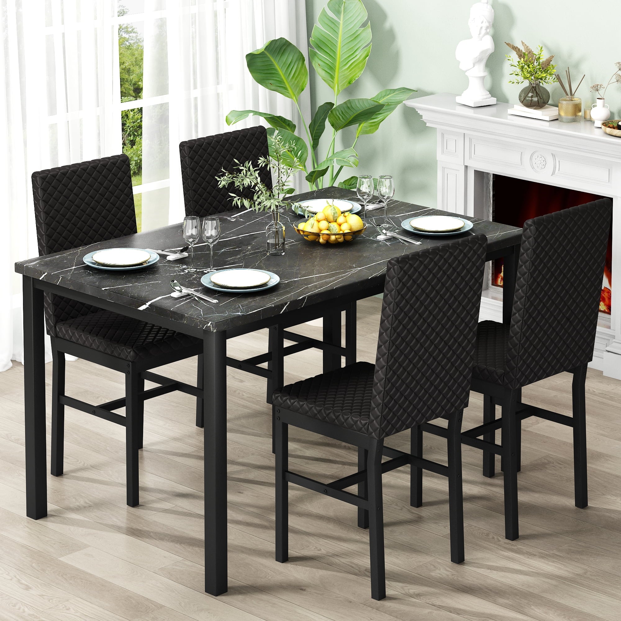Cvortll 5 Piece Dining Table Set, Kitchen Table and Chairs Set for 4 with Faux Marble and 4 Velvet Upholstered Dining Chairs for Home, Restaurant, Black & Black