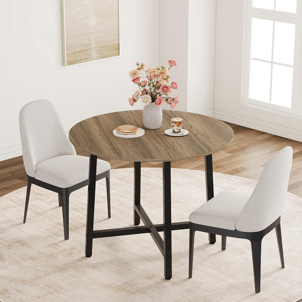 31.5 Round Dining Table for 4 People, Modern Wood Circle Kitchen Table with Sturdy Industrial Metal Frame, Small Space Saving Dining Room Table for Apartment & Breakfast Nook, (No Chairs), Walnut