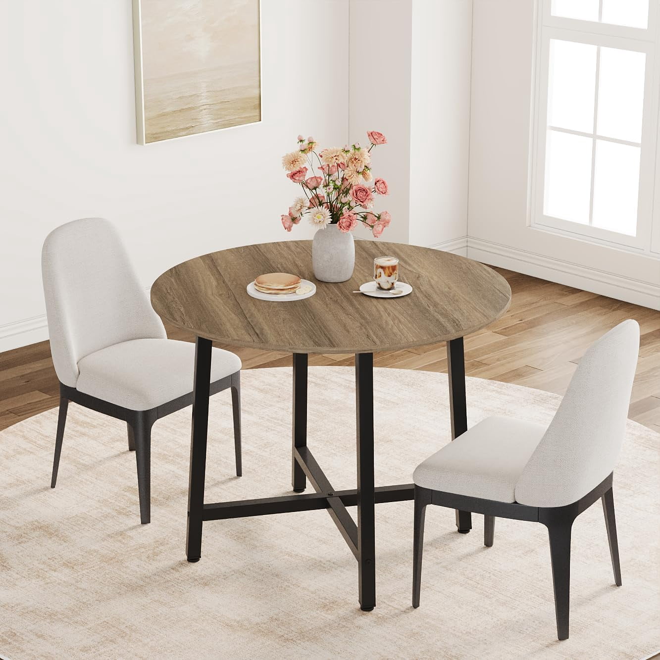 31.5 Round Dining Table for 4 People, Modern Wood Circle Kitchen Table with Sturdy Industrial Metal Frame, Small Space Saving Dining Room Table for Apartment & Breakfast Nook, (No Chairs), Walnut