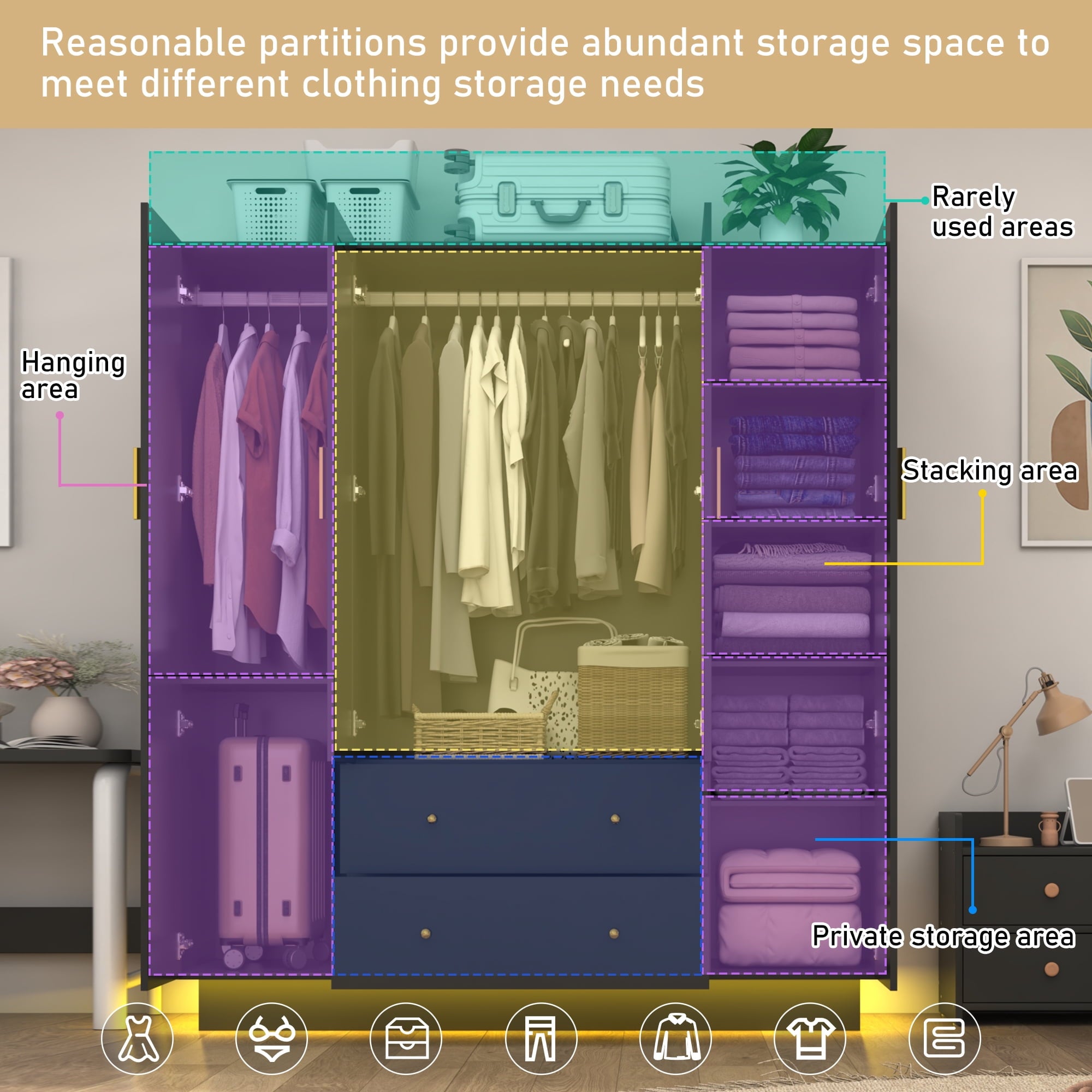 Blotout 70 Armoire Wardrobe Closet with Mirror, LED Wardrobe Armoire with 2 Drawers, 3 Door Wood Armoire Storage with Hanging Rods and Multi-Layer Shelves