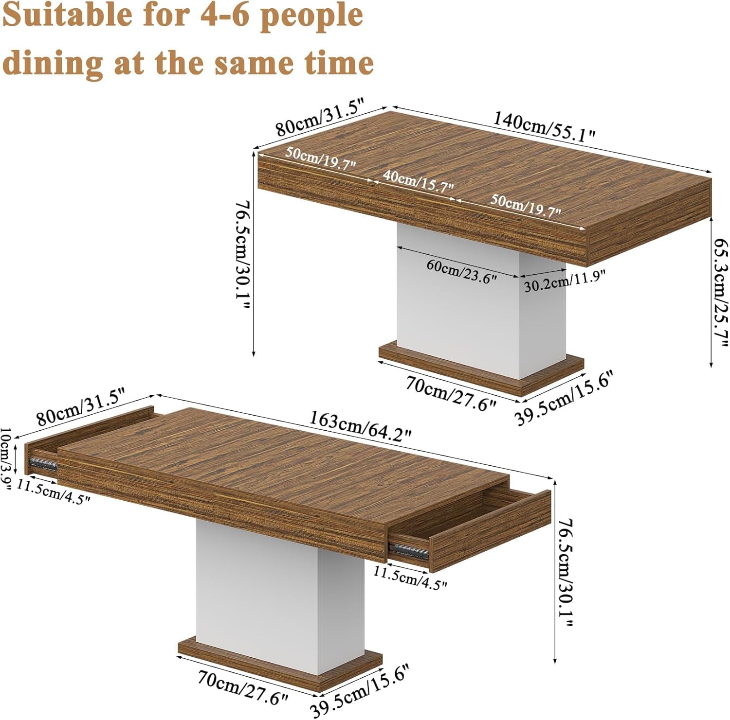 HAUXITIO 55 Inch Dining Table with LED Lights & 2 Drawers,Wooden Pedestal Base Table for 4-6 People,for Kitchen & Dining Room,White& Rustic Brown