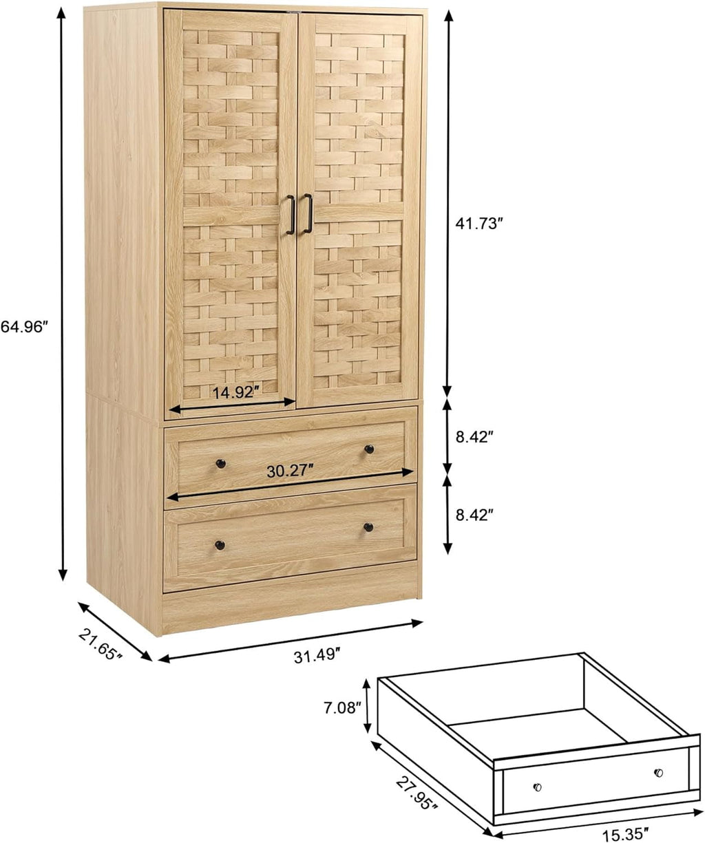 Wirrytor Freestanding Wooden Armoire Wardrobe with 2 Woven Doors and Storage Drawers, Space-Saving Closet Cabinet for Bedroom, Sturdy Mdf Board Closet with Hanging Rail
