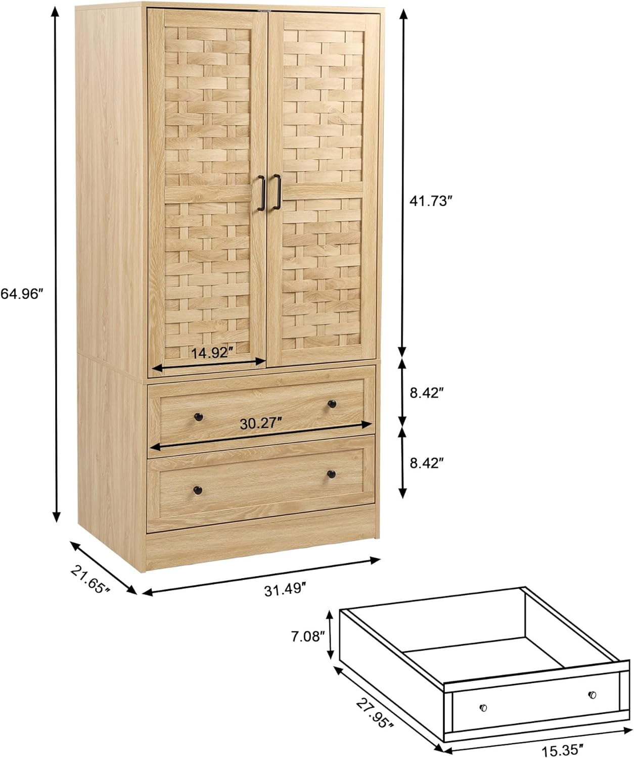 Wirrytor Freestanding Wooden Armoire Wardrobe with 2 Woven Doors and Storage Drawers, Space-Saving Closet Cabinet for Bedroom, Sturdy Mdf Board Closet with Hanging Rail