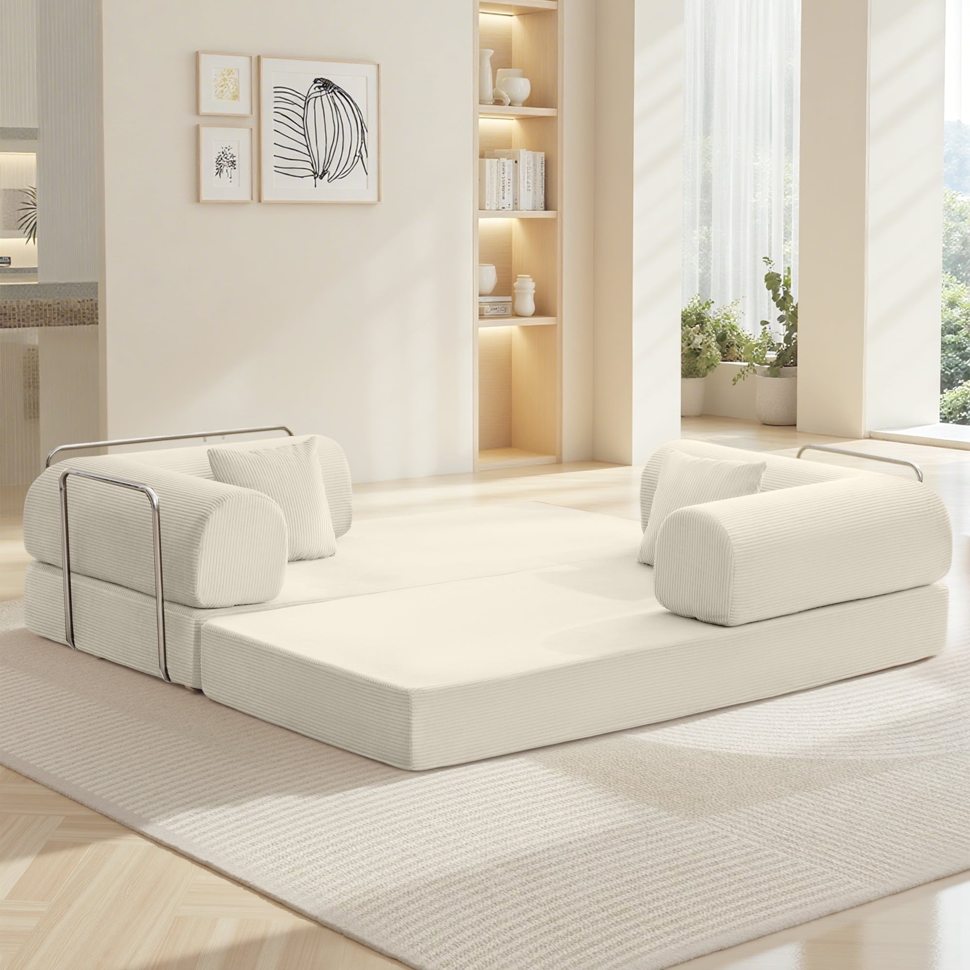 COOLHUT 63 W Combination Sofa, High Rebound Density Foam Sofa Couch, Two Forms Floor Couch Three Seats Sofa Bed for Living Room, Bedroom, Green