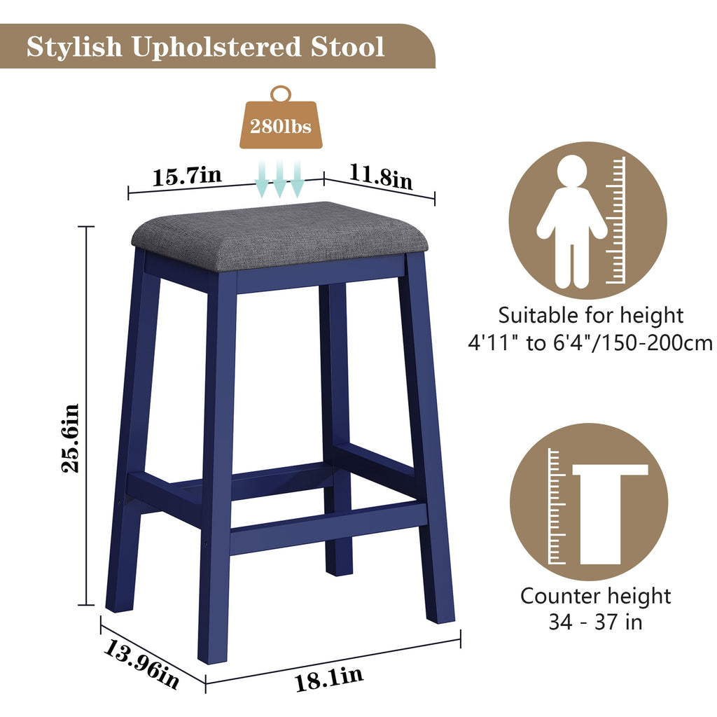 HLR 24.8 Bar Stools, Farmhouse Set of 2 Bar Chairs with Cushion for Kitchen, Dining Room, Cafe Black