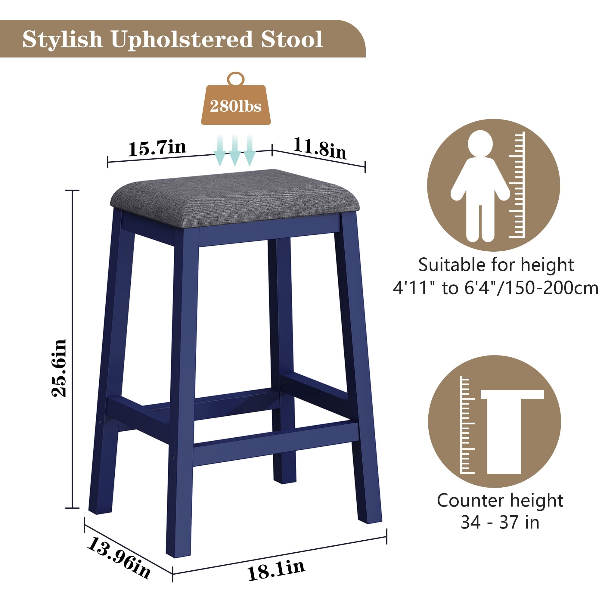 HLR 24.8 Bar Stools, Farmhouse Set of 2 Bar Chairs with Cushion for Kitchen, Dining Room, Cafe Black