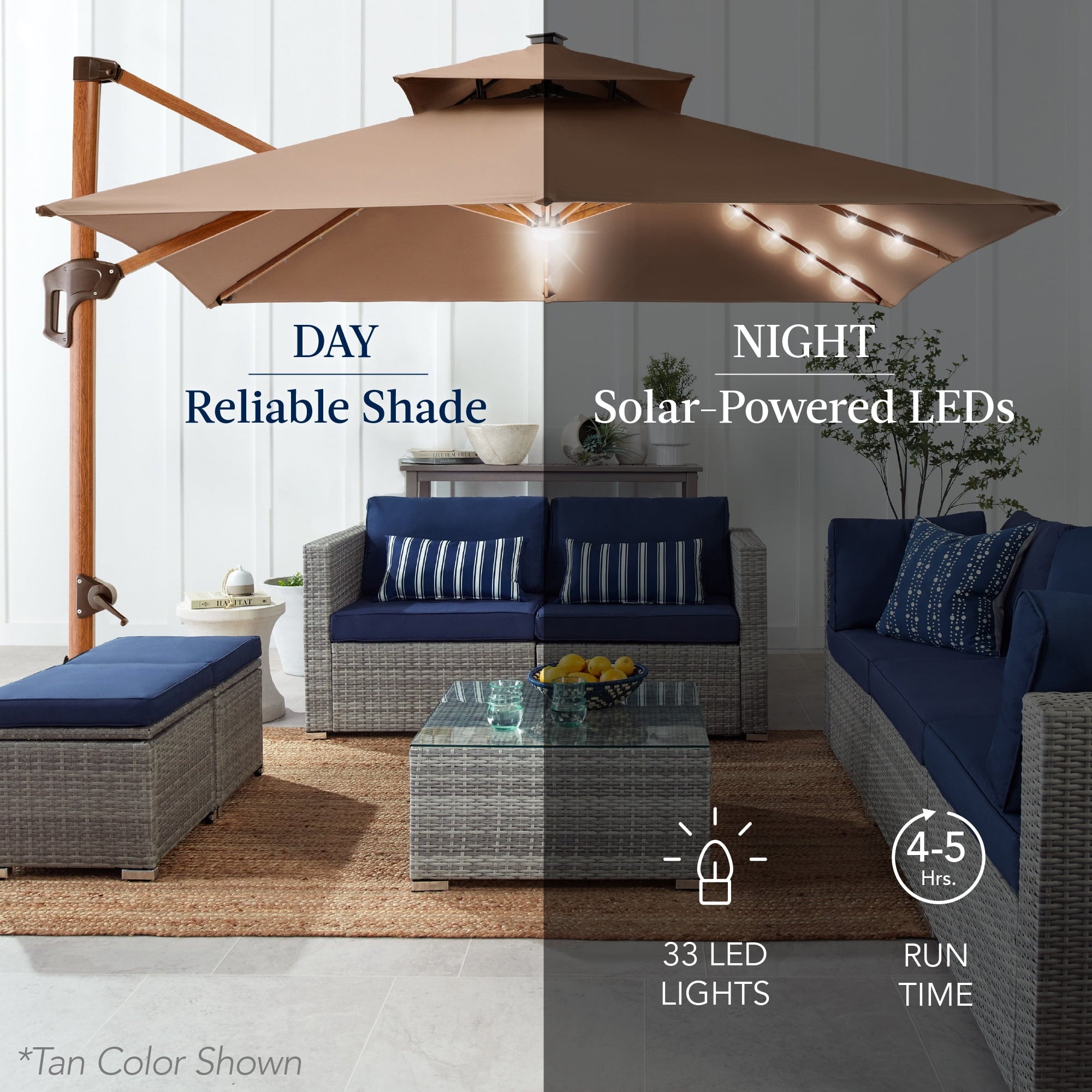 Best Choice Products 10ft Square Woodgrain Pattern 2-Tier Outdoor Solar LED Cantilever Umbrella w/ Base - Gray