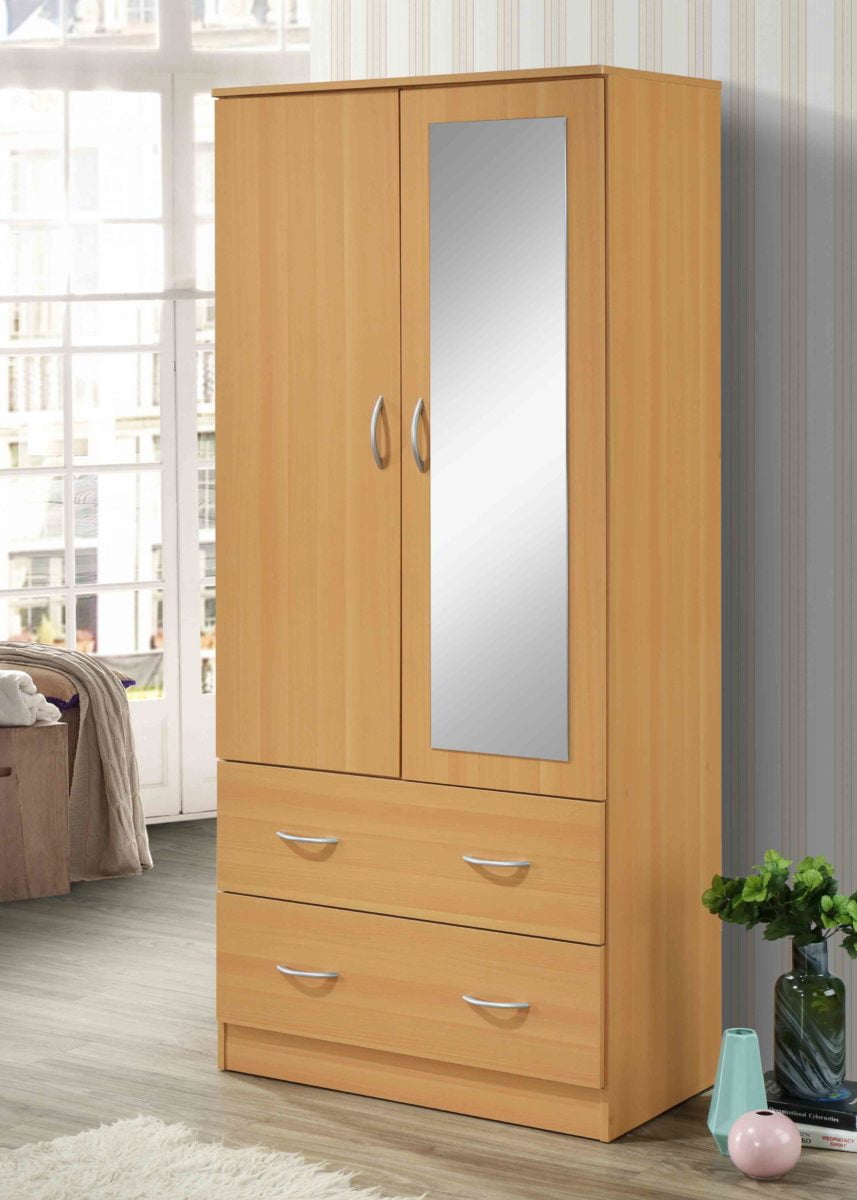 Hodedah Two Door Wardrobe with Two Drawers and Hanging Rod plus Mirror, Black