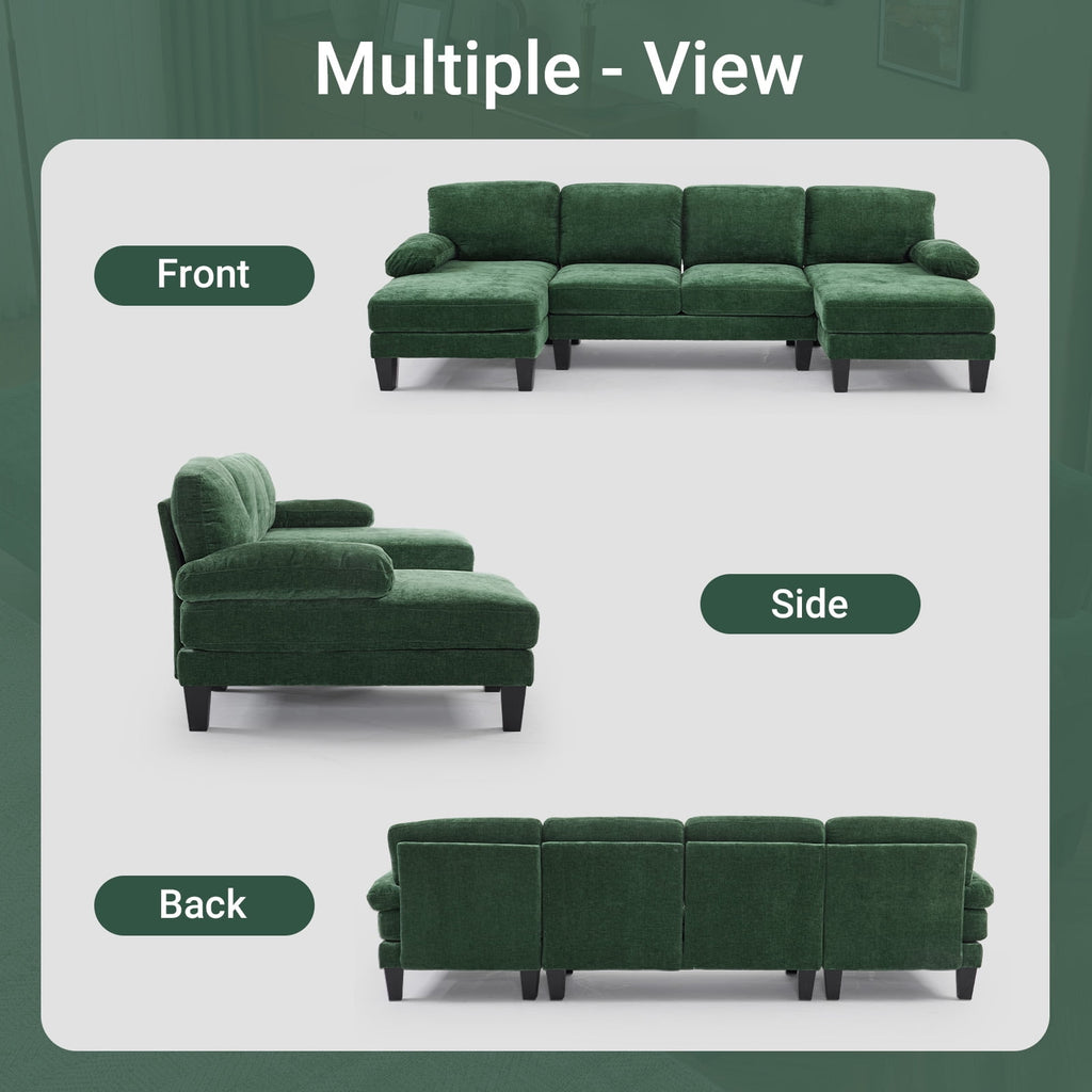 Ktaxon U-Shaped Sectional Sofa, 111  Chenille Couch, 4 Seat Lounge Sleeper with Double Chaise for Living Room Black
