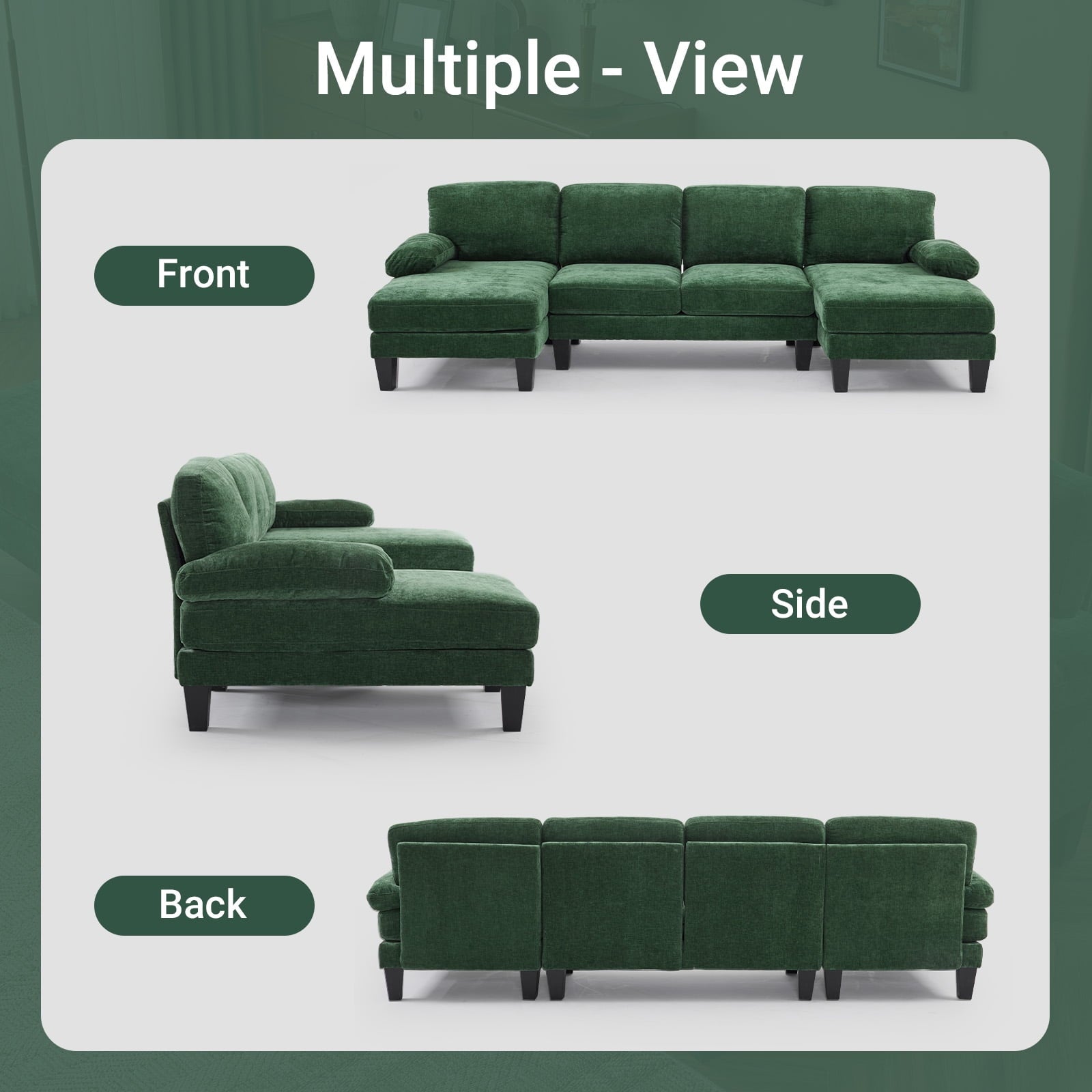 Ktaxon U-Shaped Sectional Sofa, 111  Chenille Couch, 4 Seat Lounge Sleeper with Double Chaise for Living Room Black