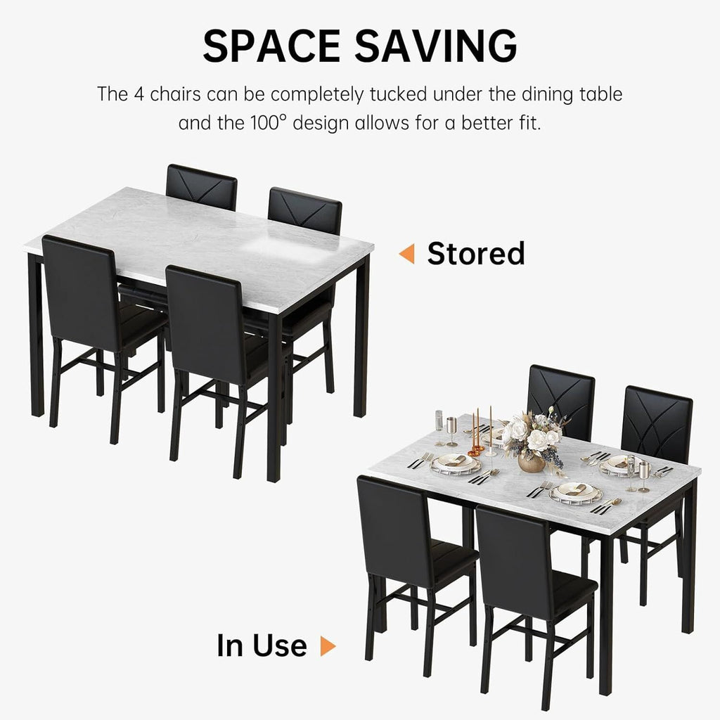 MOOSENG Dining Table Set for 4, Faux Marble Kitchen Table and Chairs Set of 4, 5-Piece Dining Room Set with PU Leather Upholstered Chairs for Small Space, Gray