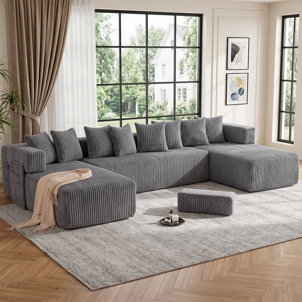 SOULART 138.5 U Shaped Sectional Couch,Gray Cloud Boneless Sofa For Living Room,Plush Corduroy Couches With Deep Seat Chaise Lounge,No Assembly Required
