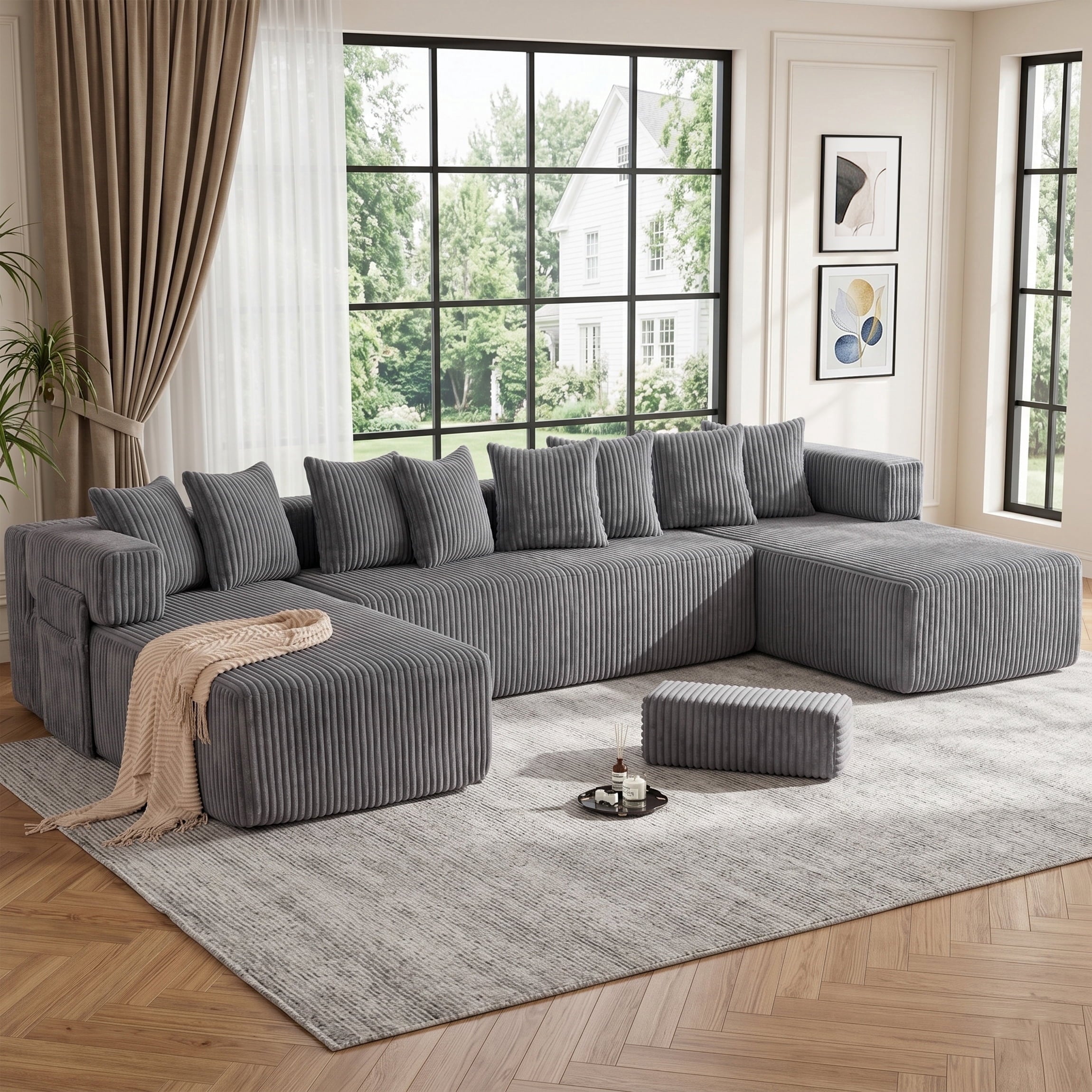 SOULART 138.5 U Shaped Sectional Couch,Gray Cloud Boneless Sofa For Living Room,Plush Corduroy Couches With Deep Seat Chaise Lounge,No Assembly Required