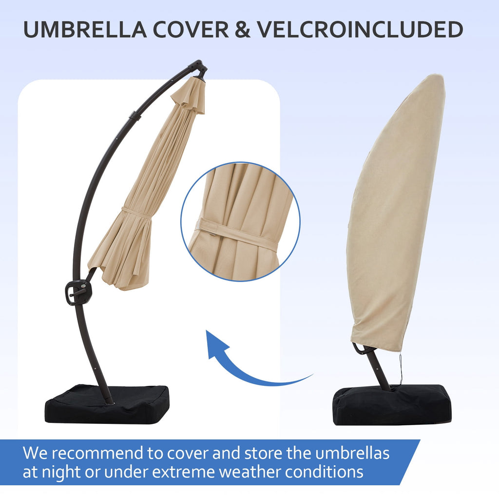 FUNDAZE 11ft Market Patio Umbrella with Base, Curved Cantilever Hanging Sun Shade with Crank & Tilt for Garden, Deck, Poolside,Beige