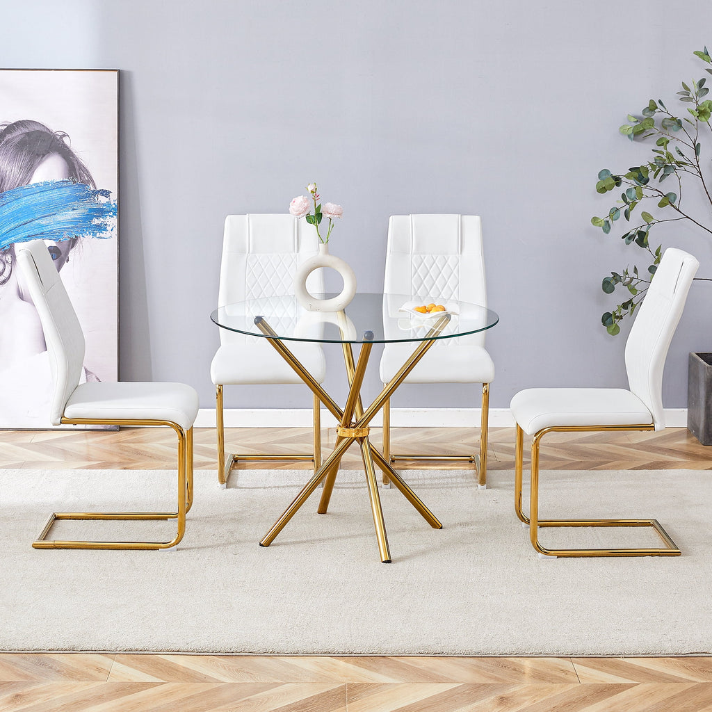 LUFTUT 36.6 Round Glass Dining Table, Modern Gold Base Kitchen Table, Small Space Bistro Table, Clear Tempered Glass Top for Apartmen