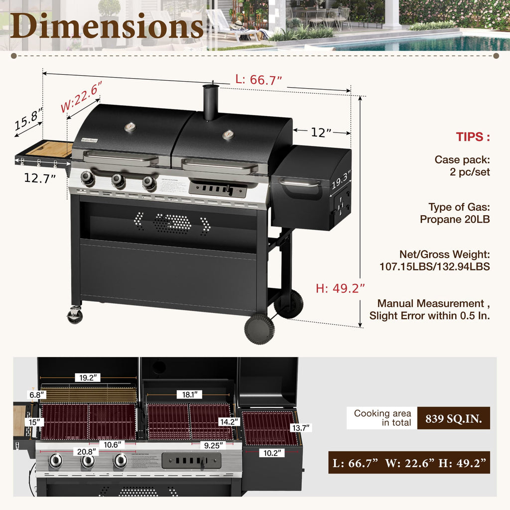 MF Studio 3-Burner Gas and Charcoal Combo Grill with Offset Smoker Large Dual Fuel BBQ Grill for Outdoor
