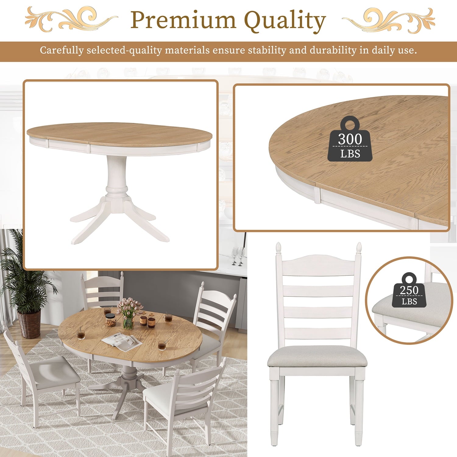 Harper & Bright Designs Farmhouse 5 Piece Kitchen Dining Table Set for 4, Solid Wood Extendable Round Dining Table Set and 4 Upholstered Chairs, Retro Dining Set for Kitchen, Natural Wood Wash
