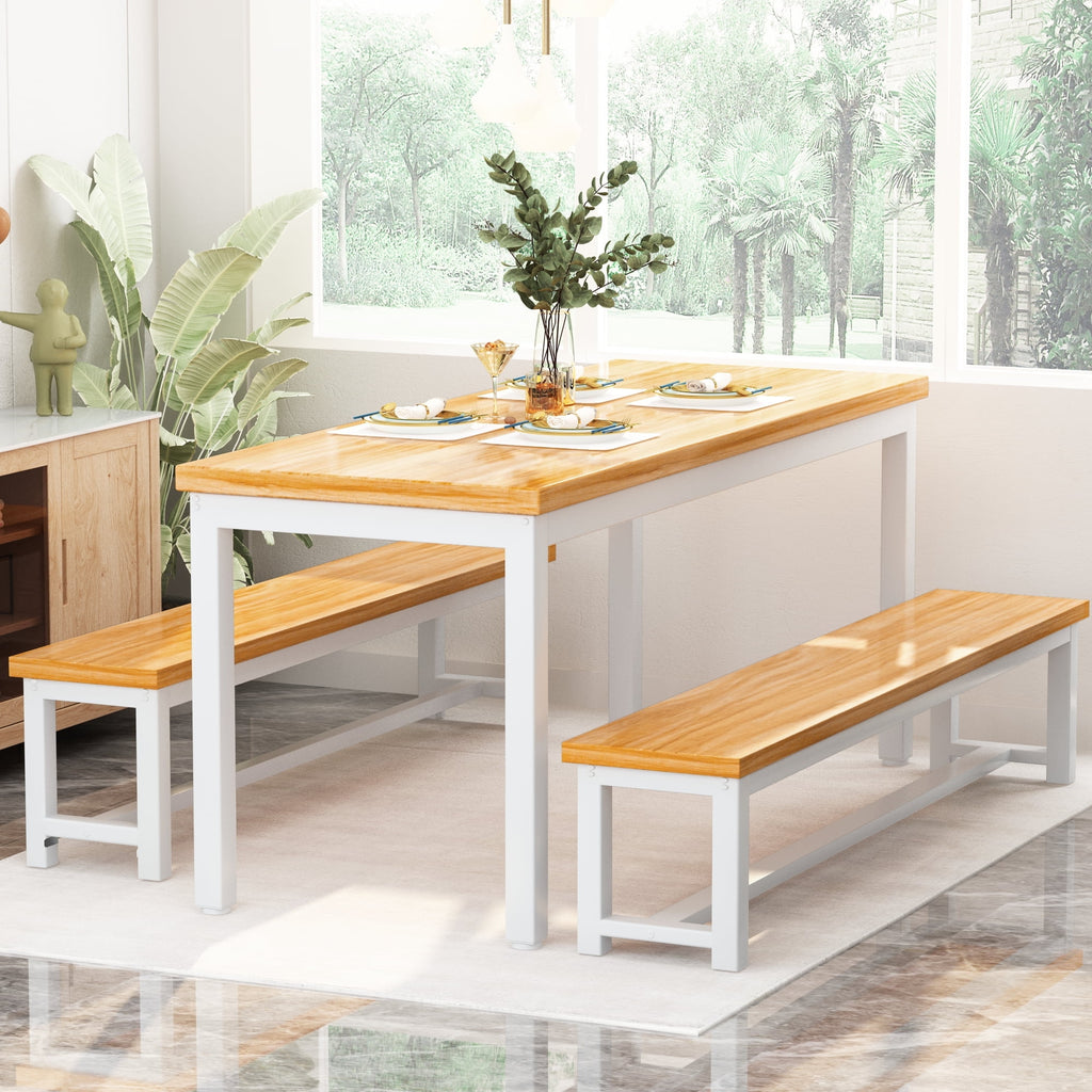 MIERES Kitchen Dining Set: Rectangular solid wood dining table with two benches, suitable for 2 to 4 people, small dining set, black