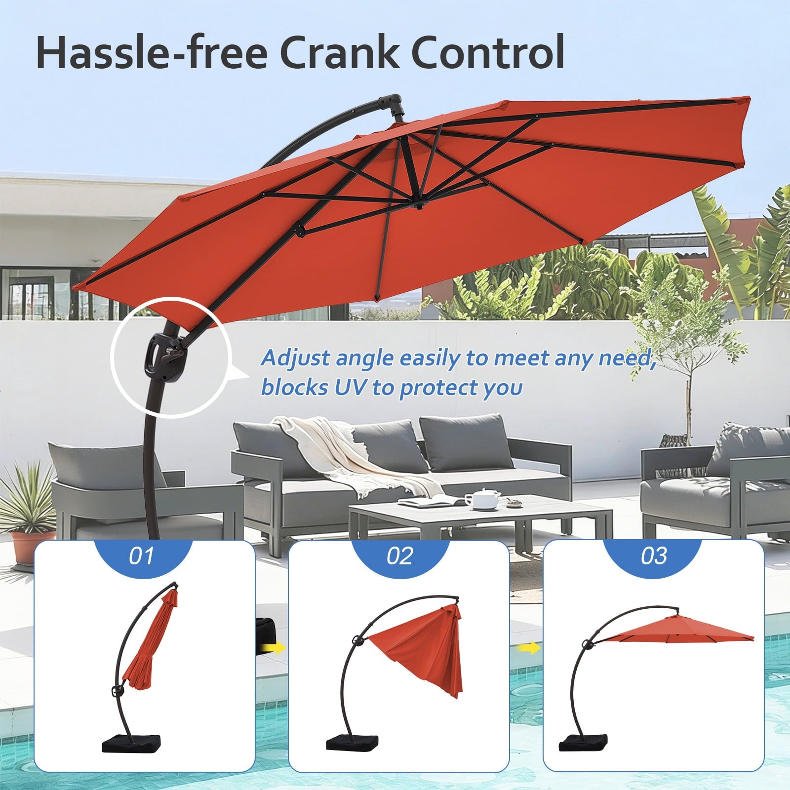 FUNDAZE 11ft Market Patio Umbrella with Base, Curved Cantilever Hanging Sun Shade with Crank & Tilt for Garden, Deck, Poolside,Beige