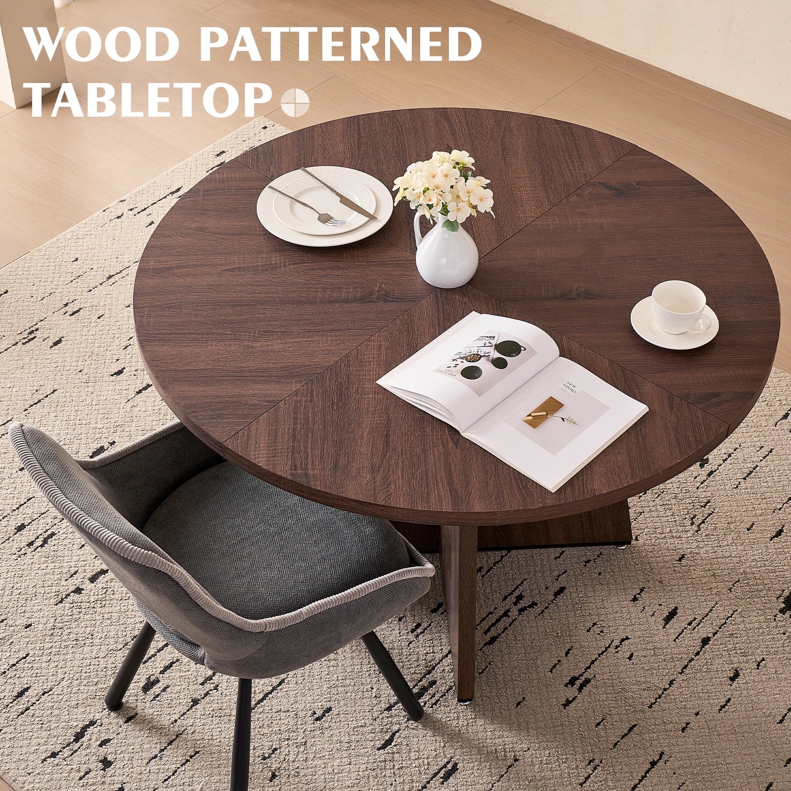 5 Piece 47'' Round Dining Table Chairs Set for 4, Farmhouse Oak Kitchen Table with 4 Boucle Mid Century Modern Dinning Room Chairs, Wood Dinner Table &Upholstered Chair Set of 4, Beige