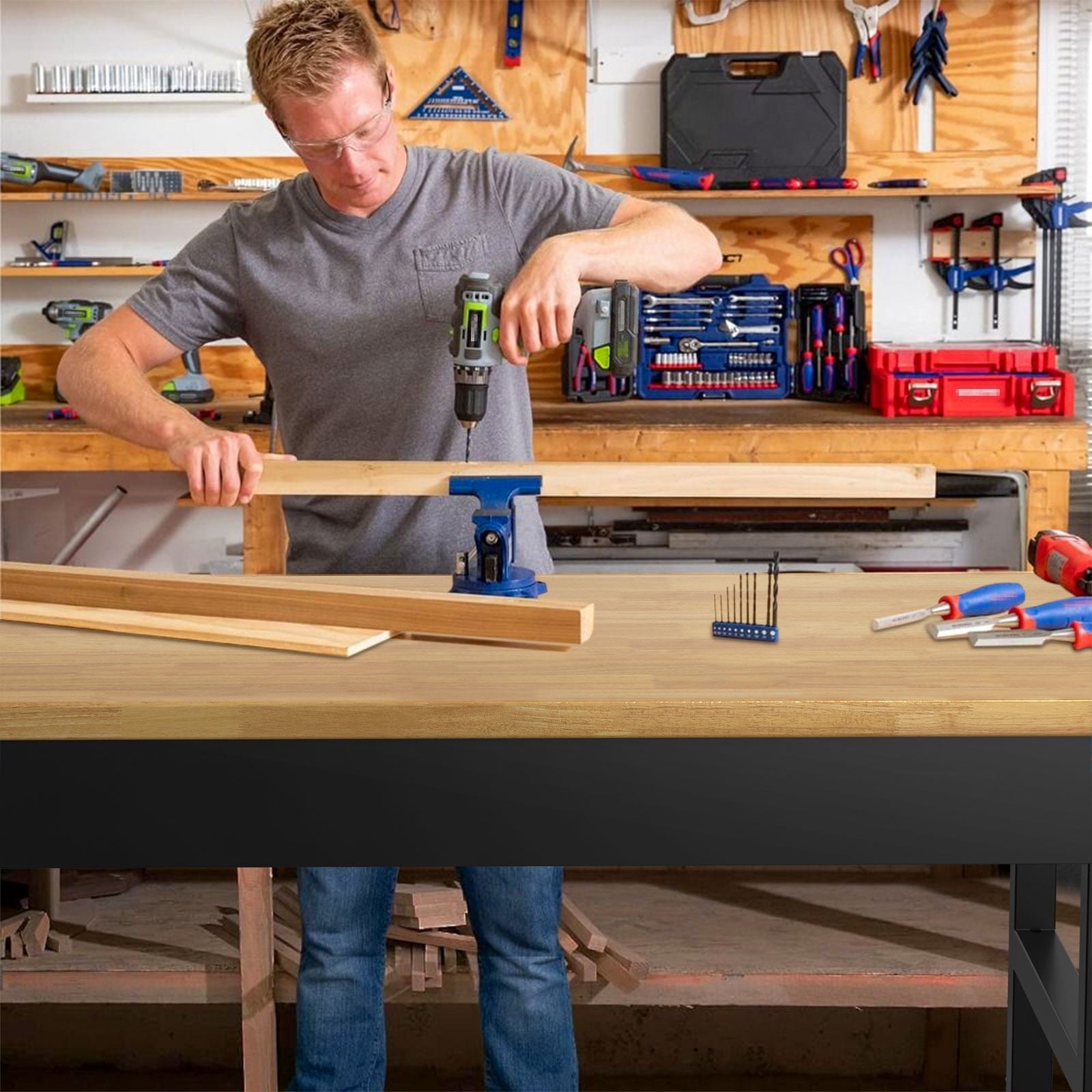 60 Adjustable Workbench,Heavy-Duty Work Table,3000 LBS Load Capacity Hardwood Workstation Outlets with Power strips and Wheels,for Workshop, Garage