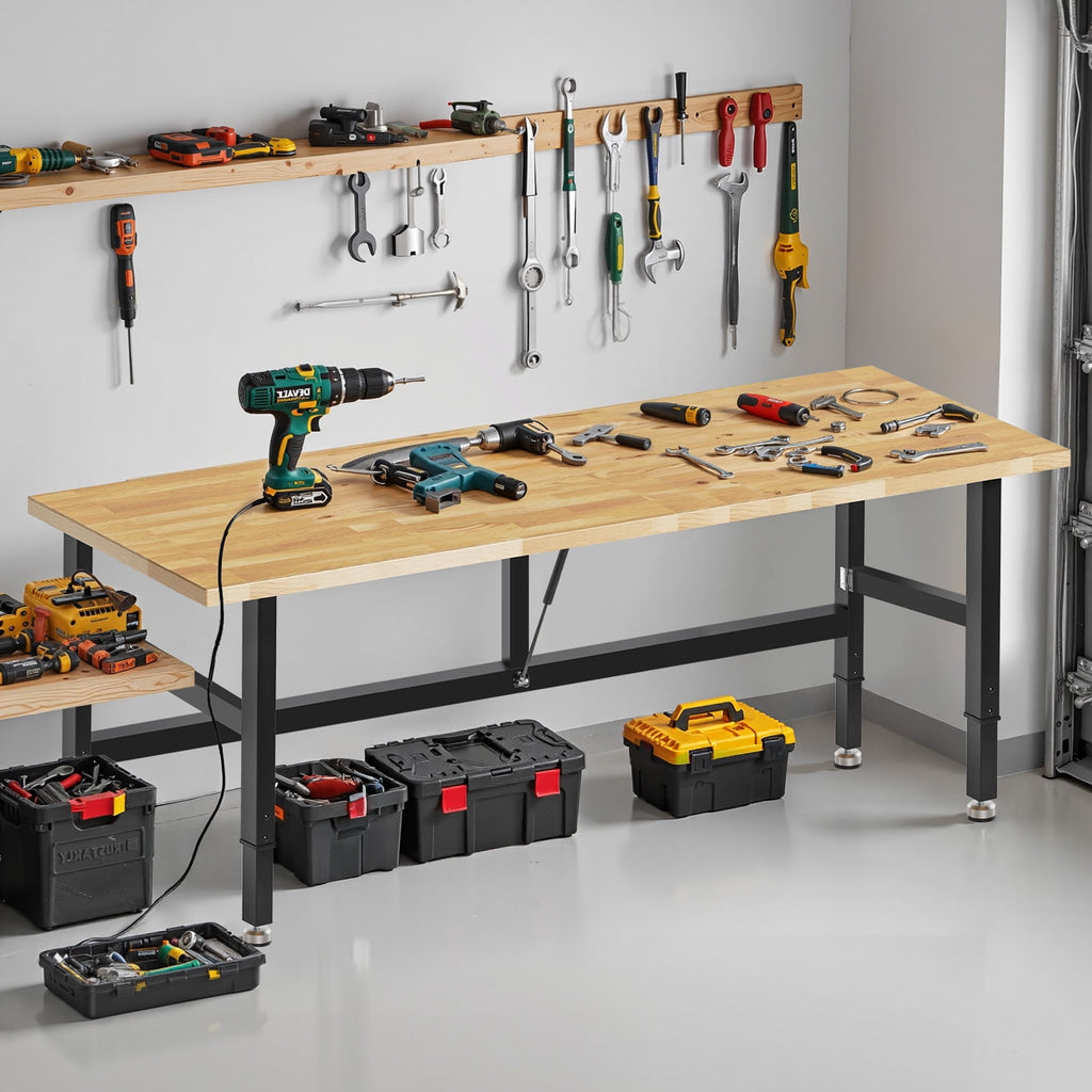 MUWOOD 48-inch Folding Workbench with Adjustable Height, Wood Worktop, Rubberwood, 2000 LBS Capacity Heavy Duty for Workshop, Garage, Office, Home