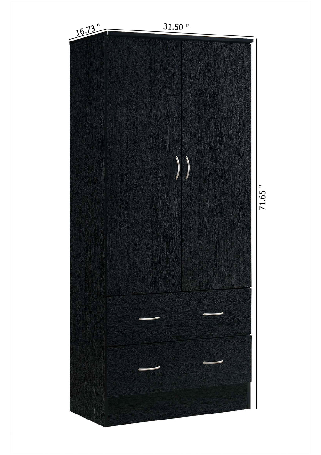 Hodedah 2-Door Armoire with 2-Drawers and Clothing Rod in Black