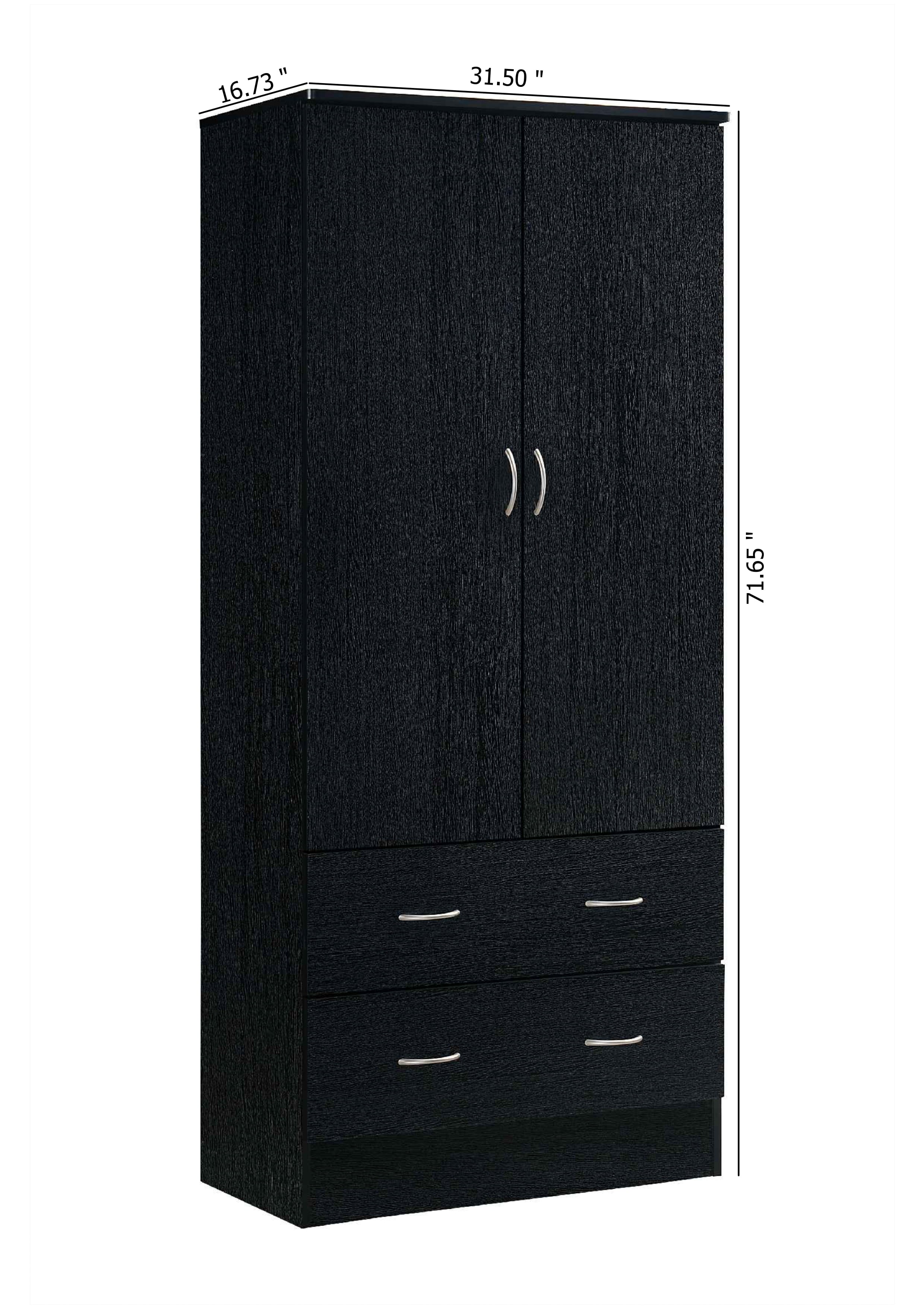 Hodedah 2-Door Armoire with 2-Drawers and Clothing Rod in Black