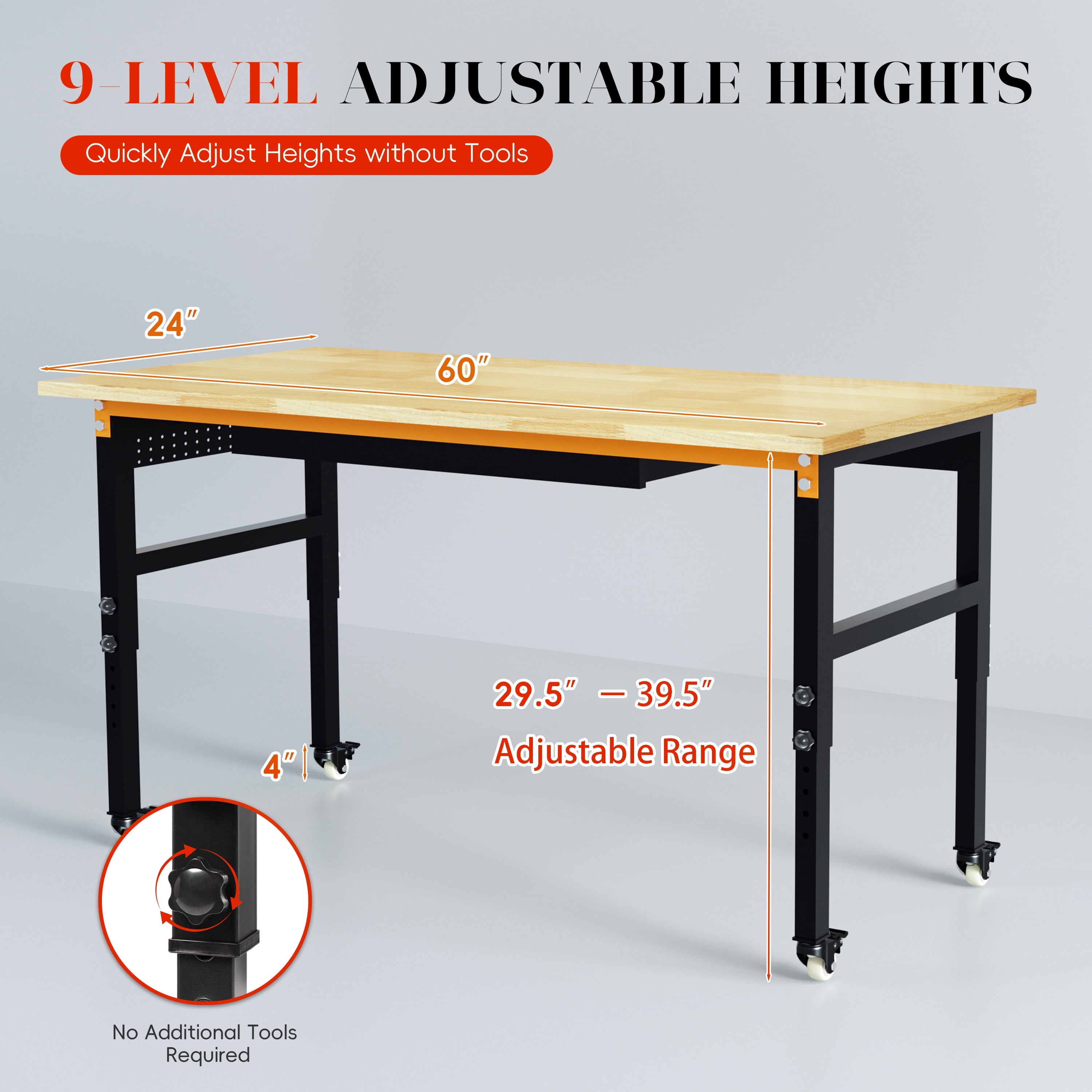 Joywind 60 Heavy-Duty Adjustable Workbench with Locking Wheels, Power Strip & Pegboard – Rubber Wood Work Table for Garage, Workshop, Home Office