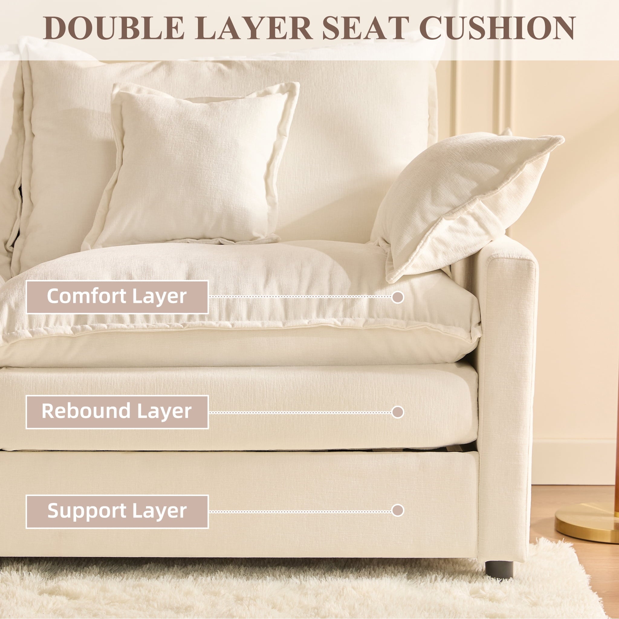 LAKPS 3-Seat Sectional Sofa Couch, Cloud-Style Deep Seating Sleeper Sofa with Included Throw Pillows, Linen Upholstery, Modern Living Room Sofa, Cream White