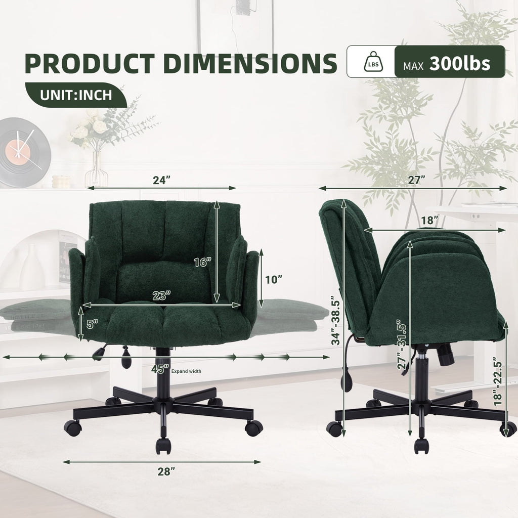 Cross Legged Office Chair with Wheels & Dynamic Airbag Lumbar Support, Criss Cross Wide Seat, 5-Position Fold-Down Armrests, Swivel Vanity Chair for Home Office, Dark Green