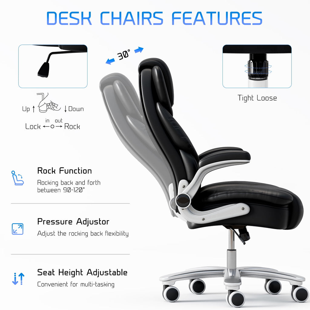 Ninecer Big and Tall Office Chair 400lb Wide Seat, Ergonomic High Back Leather Executive Desk Chair, Computer Chair with Flip-up Arms, Black