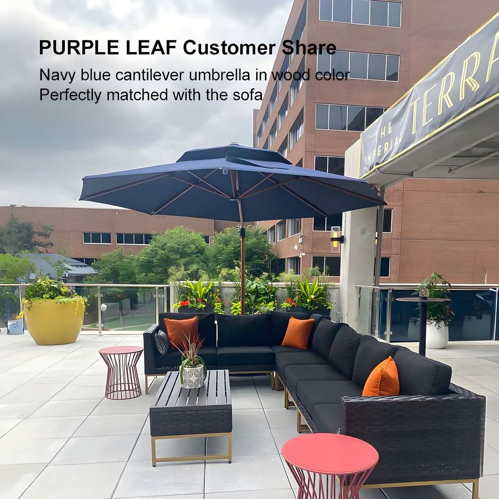 PURPLE LEAF 11FT Deluxe Round Wood Grain Patio Umbrella, Large Offset Cantilever Umbrella with 360° Rotation, Navy Blue