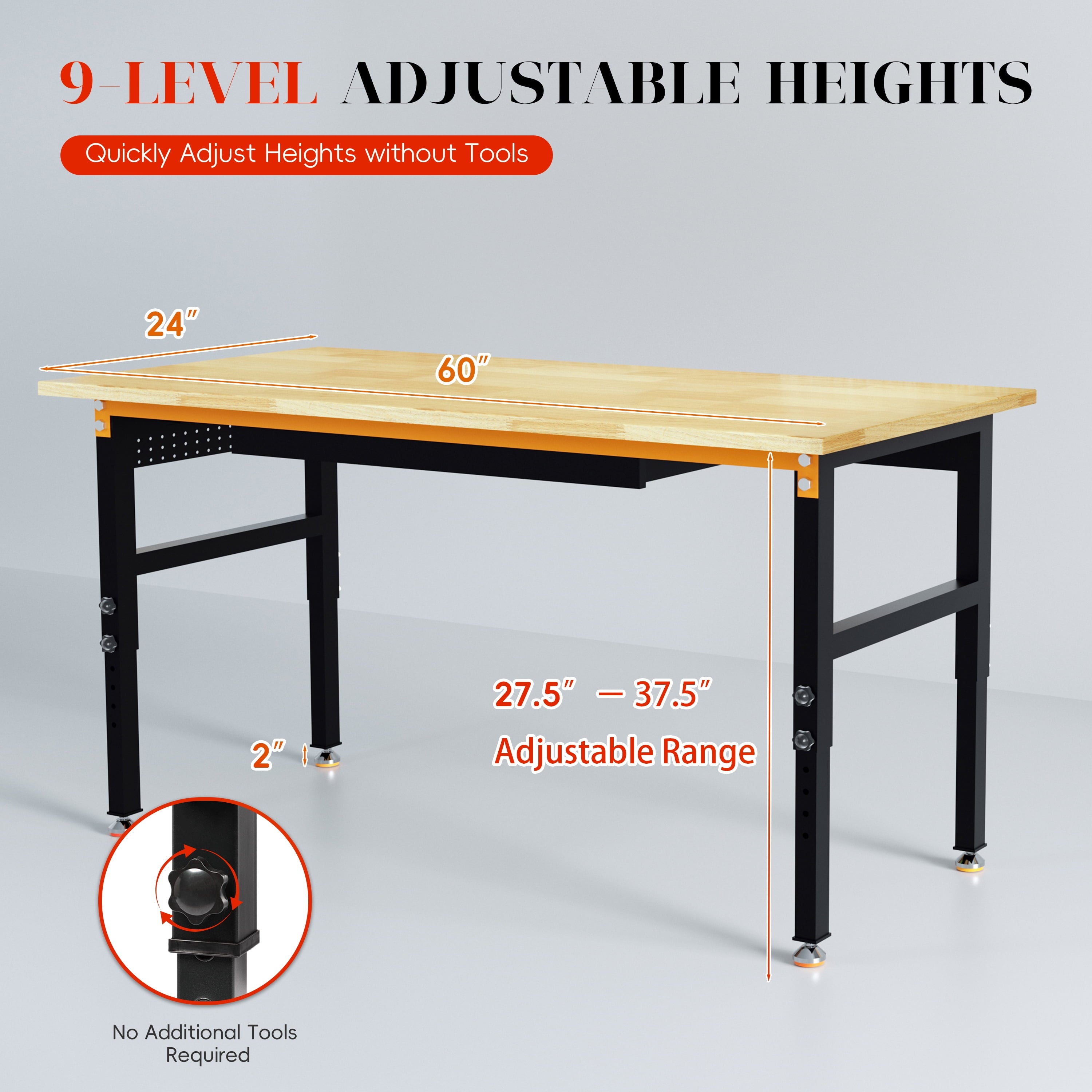 Joywind 60 Heavy-Duty Adjustable Workbench with Locking Wheels, Power Strip & Pegboard – Rubber Wood Work Table for Garage, Workshop, Home Office