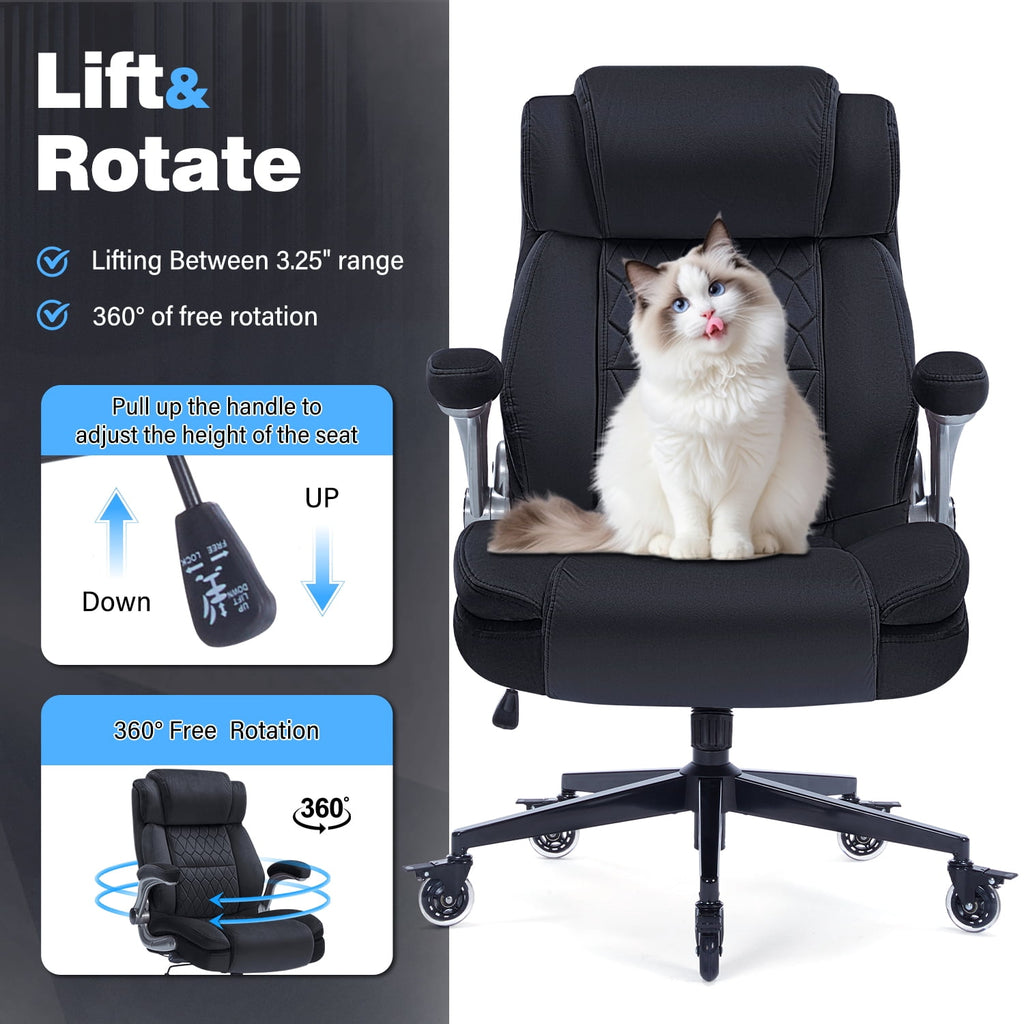 High Back Office Chair with Lockable Wheels, 400lbs Large Fabric Executive Desk Chair, Adjustable Lumbar Support Flip up Arms, Ergonomic Home Office Computer Chair with Storage Pocket, Black
