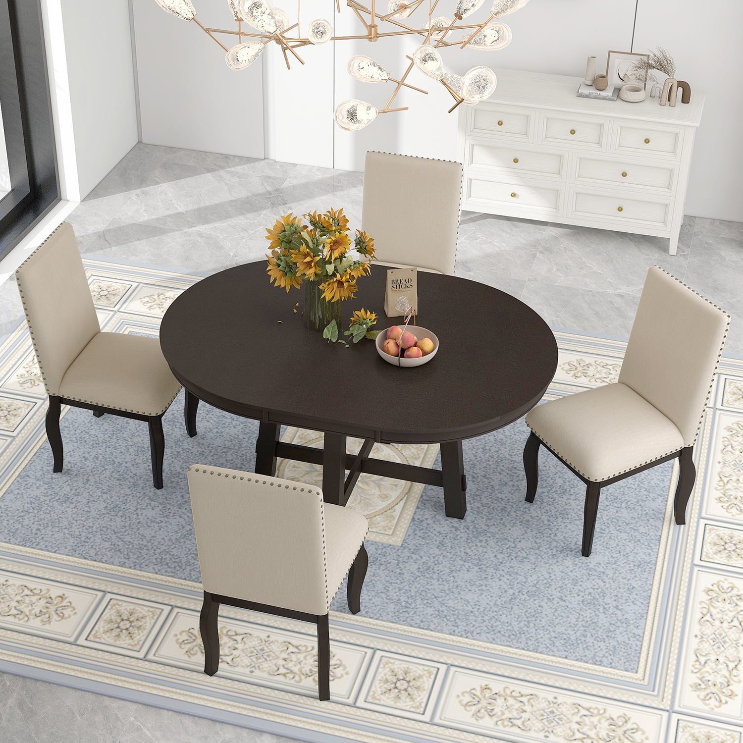 Harper & Bright Designs Extendable Dining Table Set for 4 Upholstered Chairs Functional Retro Style Table for Dining Room Kitchen, Natural Wood Wash
