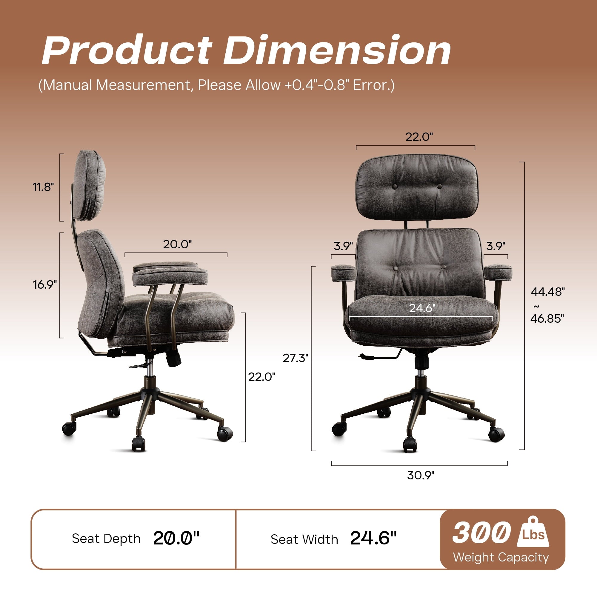 Toject Ergonomic Office Chair, High Back Big Comfy Home Office Chair with Lumbar Support, Mid-Century Modern Computer Executive Office Chair, Brown